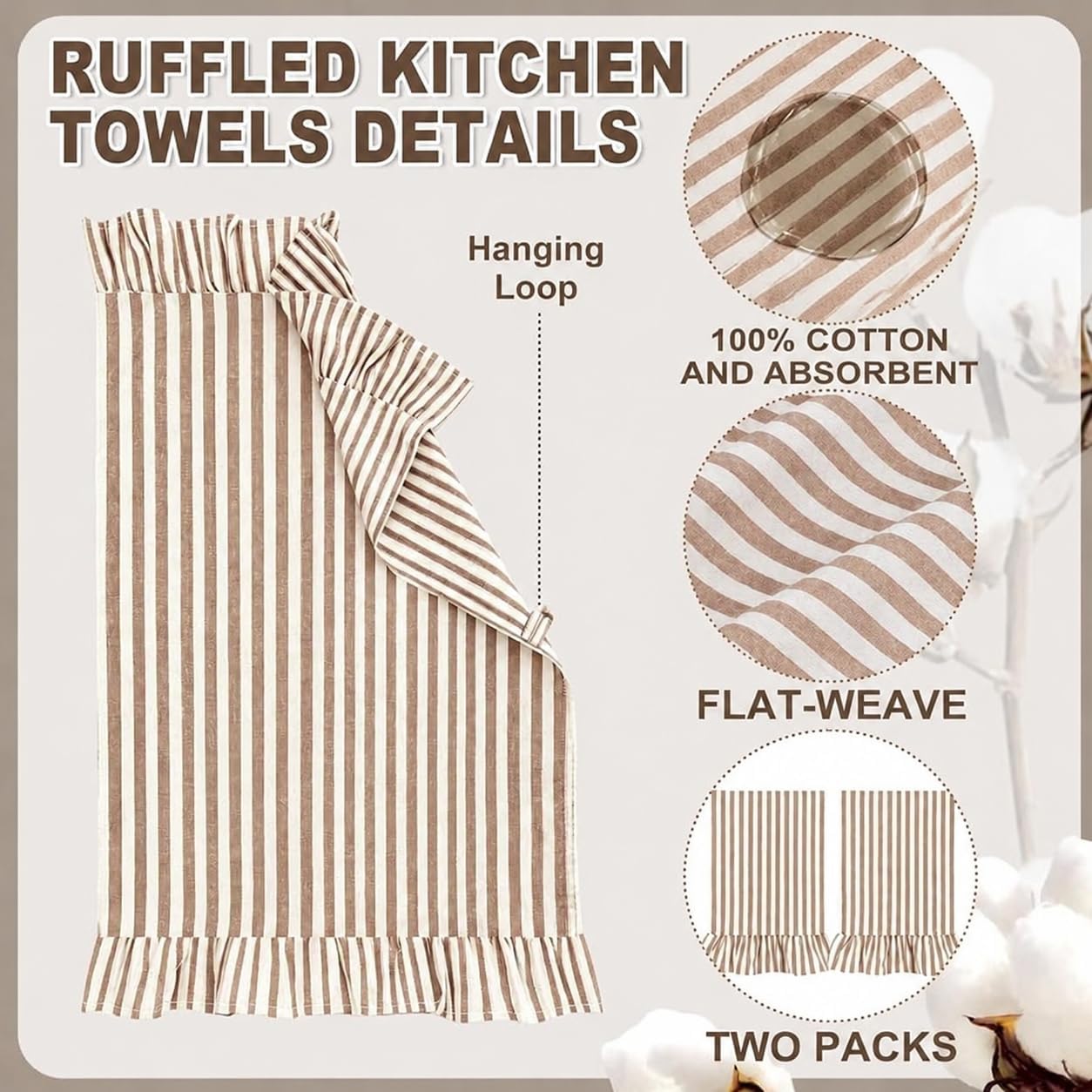 Set of 2 Farmhouse Ruffled Striped Kitchen Towels, 18"x28", Taupe