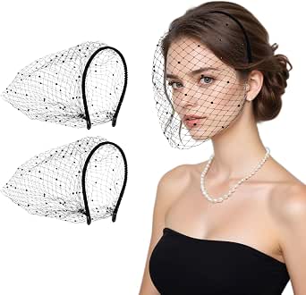 2 Pcs Mesh Veil Fascinator Headband - White & Black Birdcage Veil With Rhinestones, Retro 1920s Style For Costumes, Weddings, Halloween