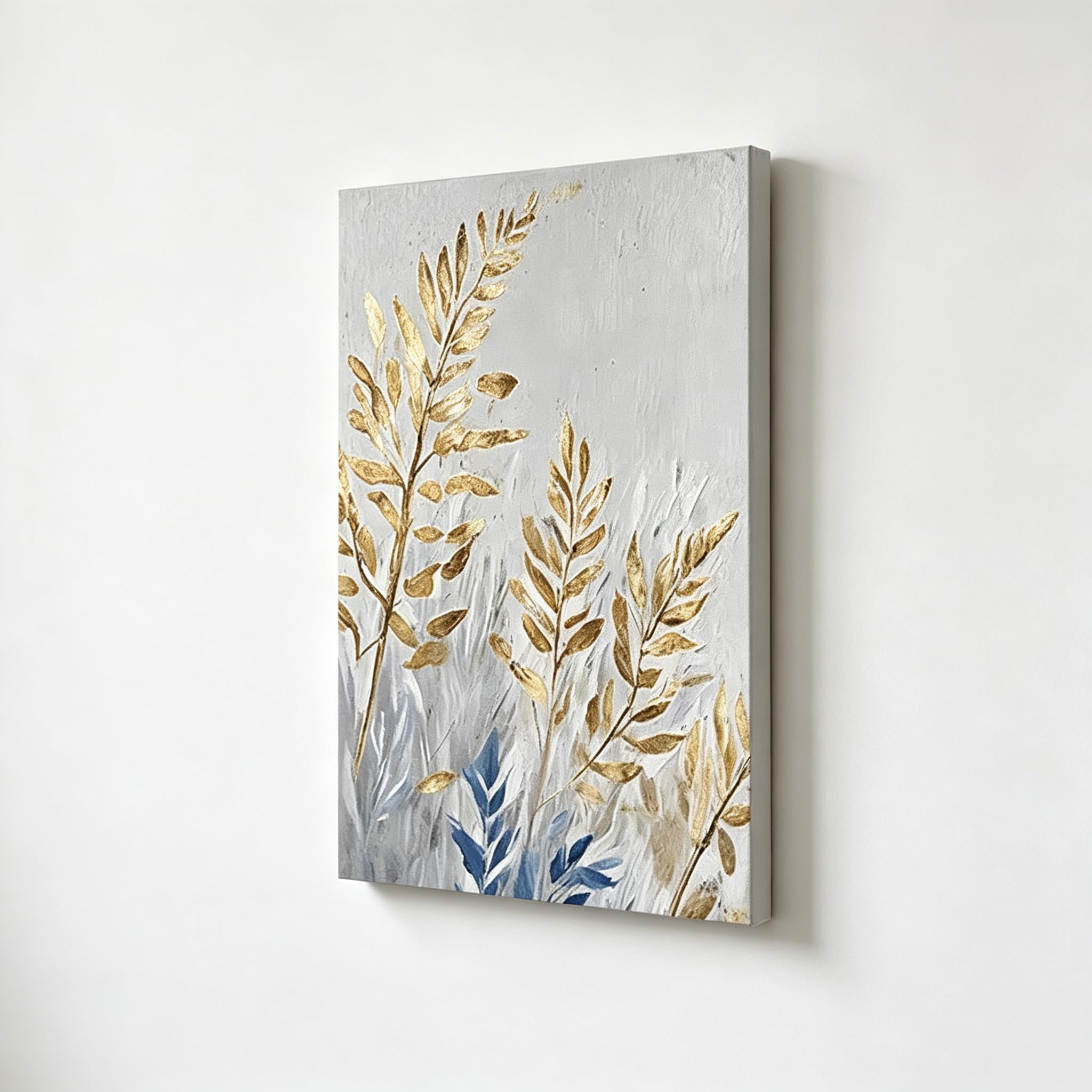 Rumlly Gold Blue Wheat Leaf Wall Art Neutral Grey Abstract Botanical Canvas70x100cm