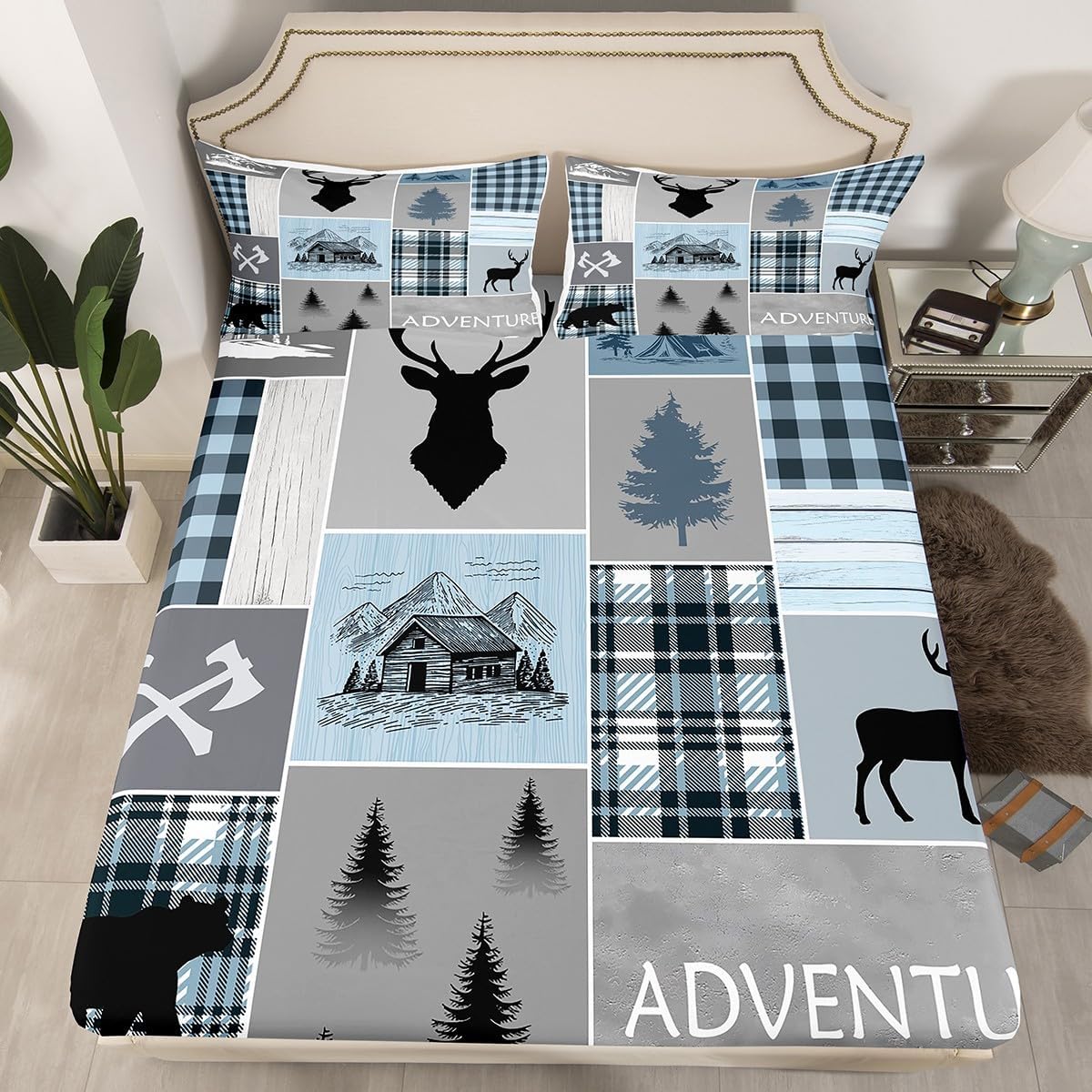 Cabin Fitted Sheet Bear Deer Rustic Lodge Bedding Set Twin Size for Kids Teens Adult, Camper Wild Animal Bed Sheets Plaid Adventure Farmhouse Sheets Country Cowboy Hunting Decor, Blue Gtey