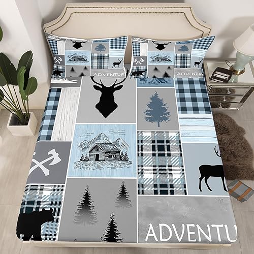 Juego de sábanas bajeras de cabaña, diseño de oso y ciervo, rústico, tamaño individual para niños, adolescentes y adultos, sábanas de animales