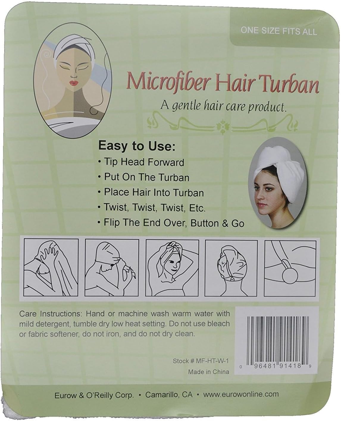 Eurow Microfiber Hair Towel Turban Wrap for Fast Drying and Frizz Control, 300 GSM, Ultra-Absorbent, Lightweight, Machine Washable, 28" x 11.5", White