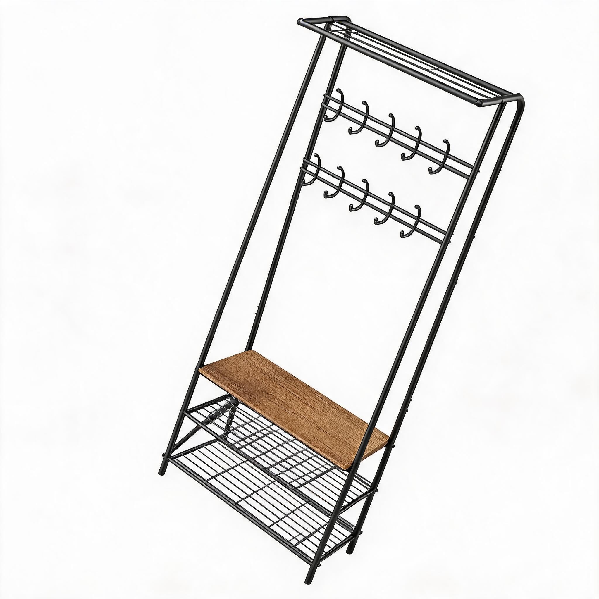 Acekool Perchero recibidor 4 en 1 con Banco Zapatero y 10 Ganchos, Estructura de Acero Resistente, Estante Multifuncional, Acabado Madera rústica, Doble Marca Deportiva de Ganchos, 60 cm.