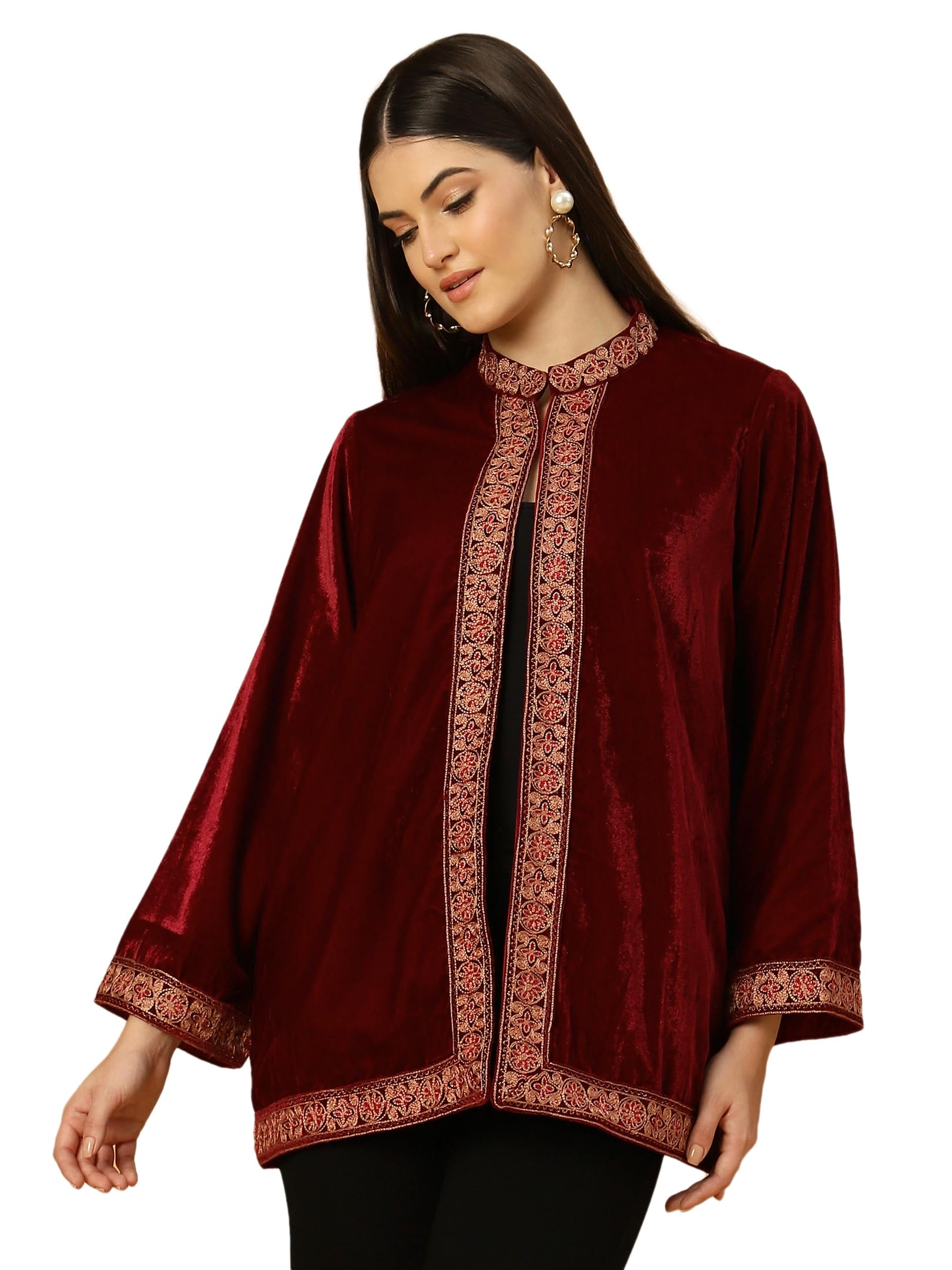 zamour Women's Velvet Cape Shrug with Intricate Embroidery, Casual Loose Fit Open Front Long Sleeve Jacket – Elegant Traditional Design-picture-52
