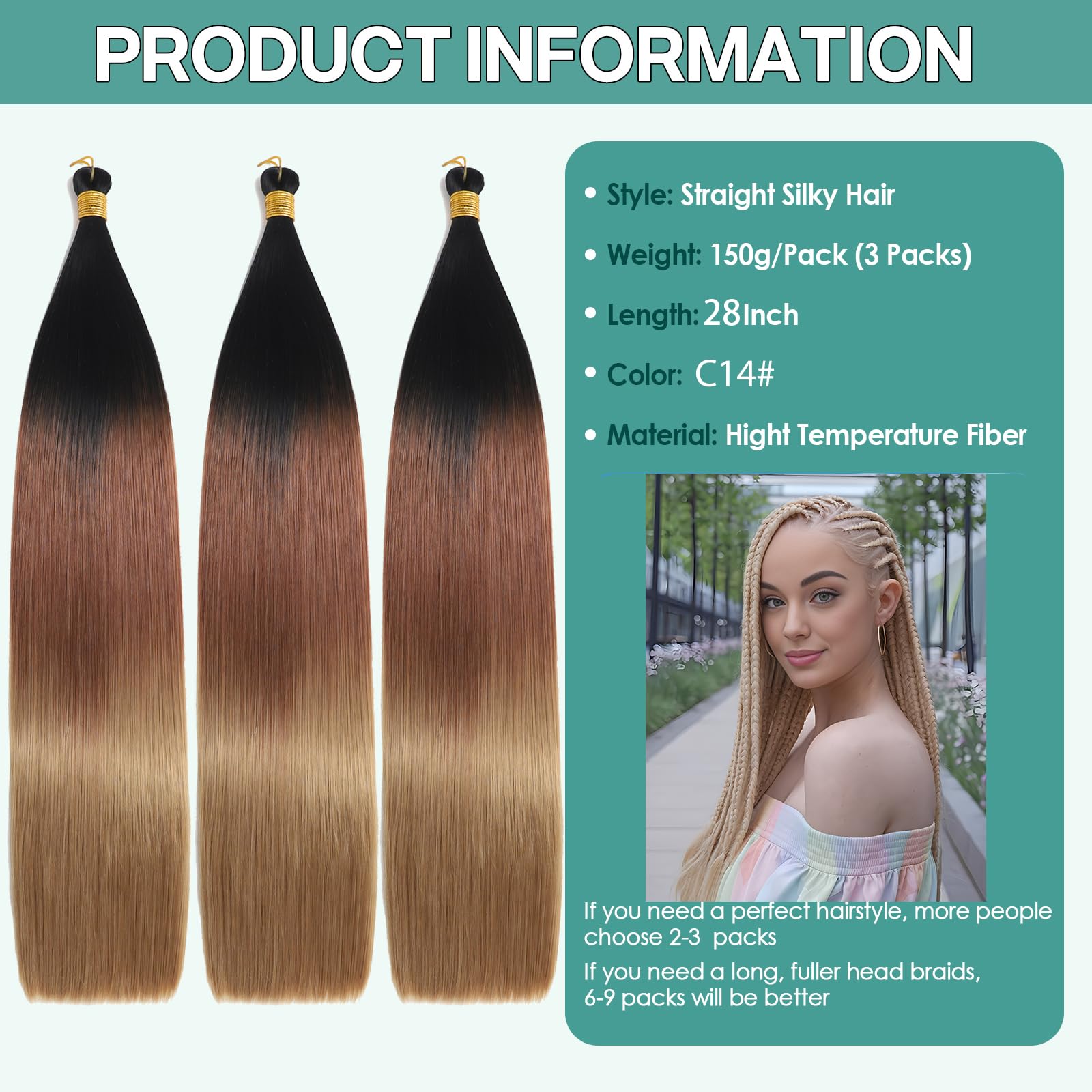 Locescsoc 28 Inch Straight Hair Extensions 150g 3 Packs Bone Straight Braiding Hair - Image 2