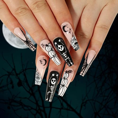 Uñas postizas negras a presión para Halloween, con diseño de telaraña y calabaza, diseño de luna, cuadradas, con pegamento, uñas postizas de