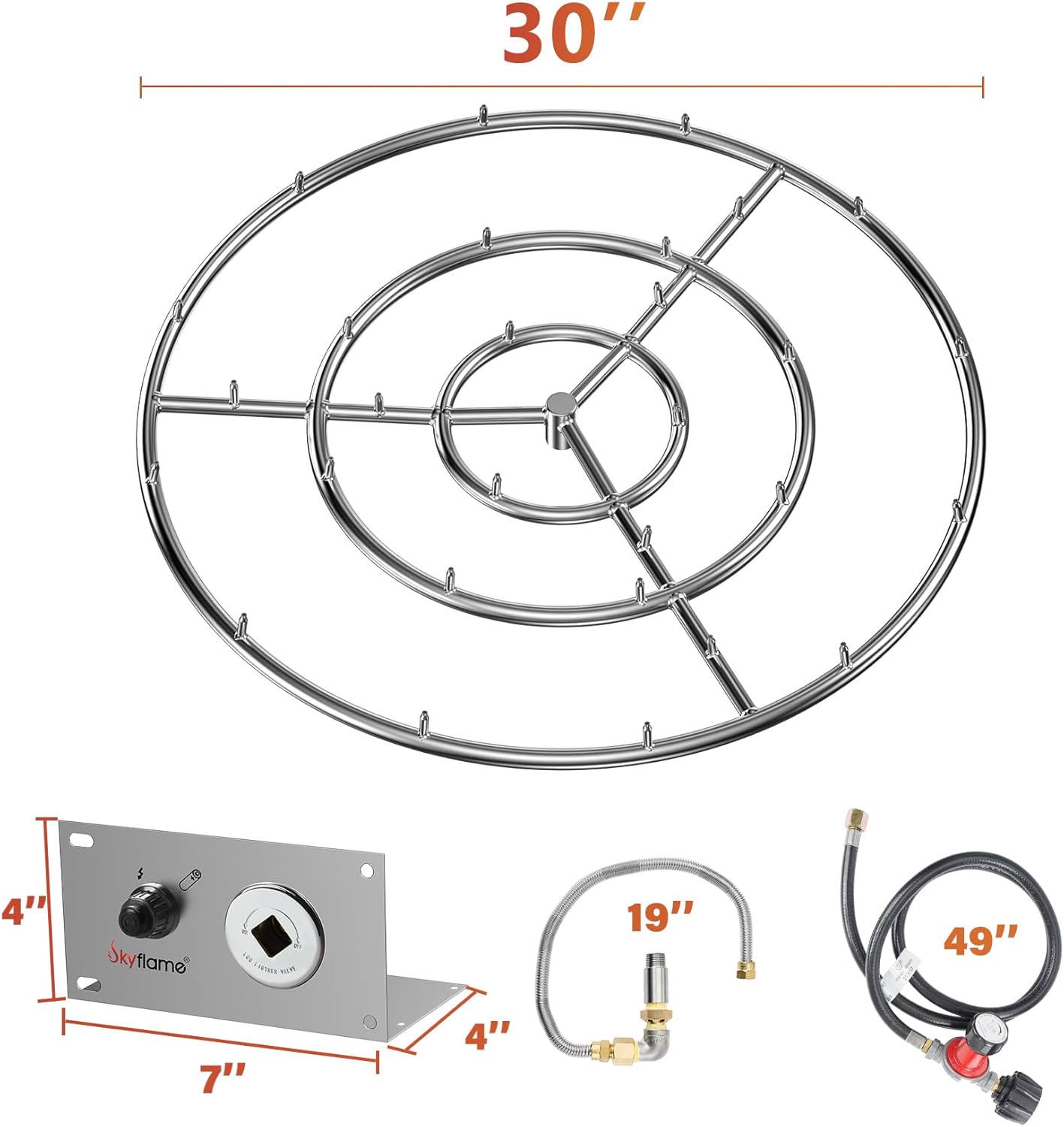 Skyflame 30" Fire Pit Burner Ring, All-in-One Propane Installation Kit, Including Round Jet Burner Ring, Connection Hose with Regulator and Ignition Kit, Great for Indoor or Outdoor Fire Table