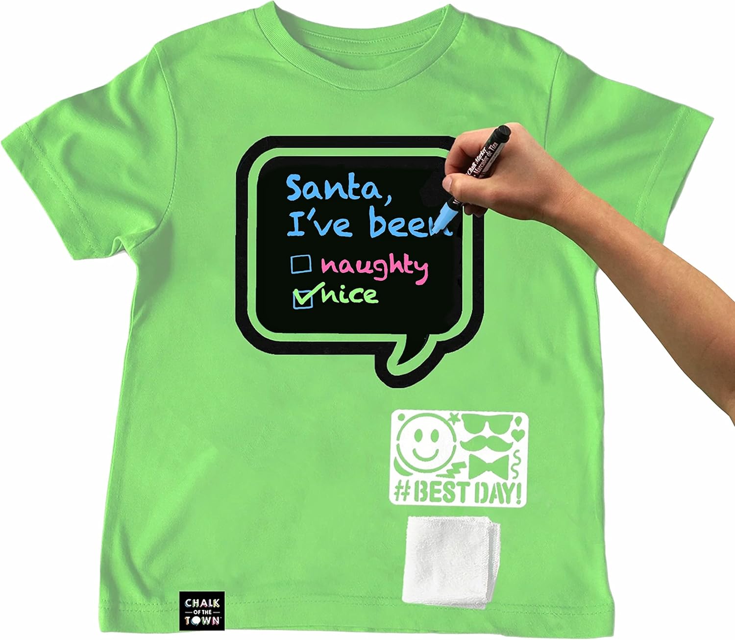 Green Speech Bubble Chalkboard Short Sleeve T-Shirt Kit for Kids with 3 Markers and 1 Stencil (Youth X-Small)