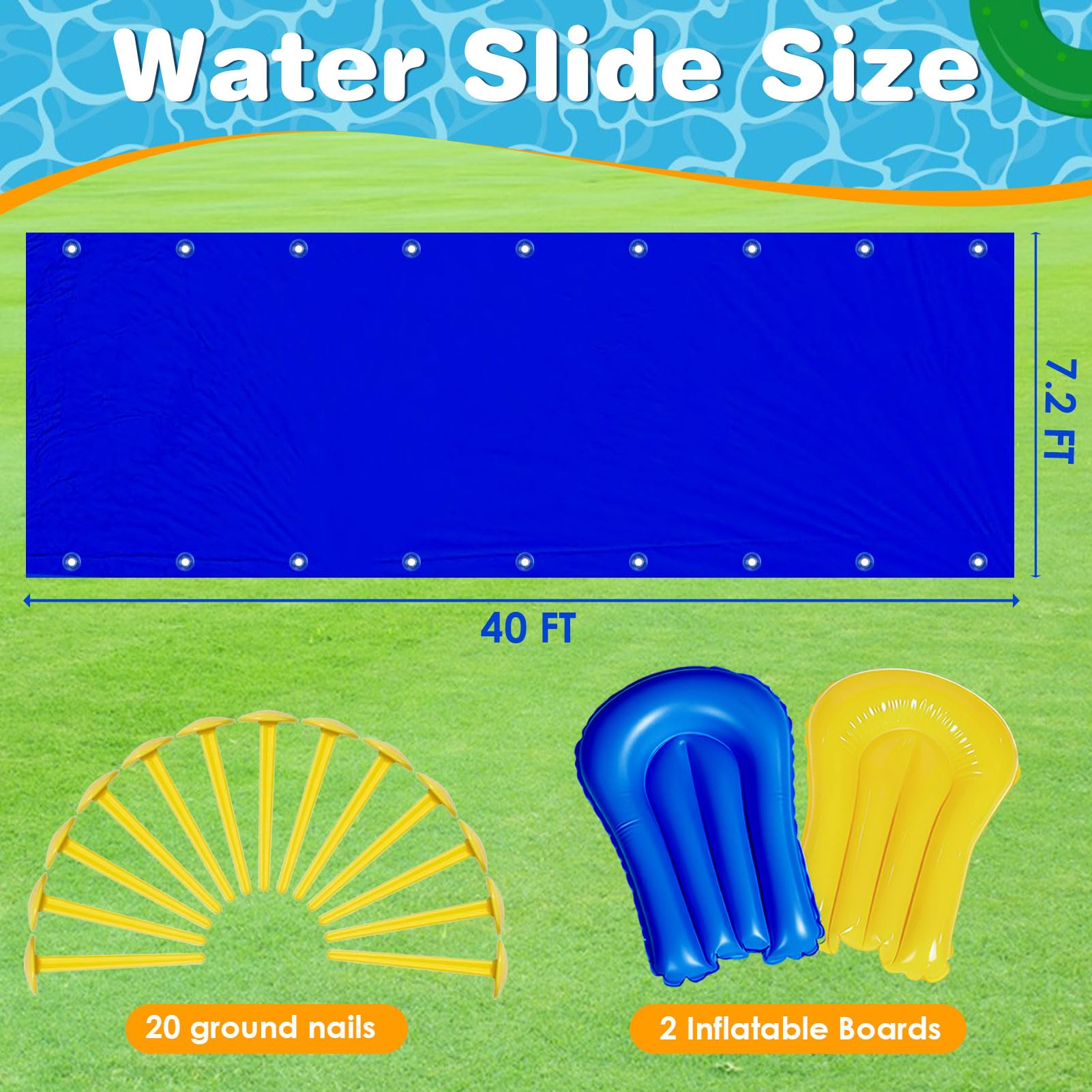 Toboggan aquatique de 40 pieds avec 2 planches gonflables et piquets, toboggan aquatique extra long robuste pour pelouse pour enfants et adultes, toboggan aquatique pour le jardin, toboggan