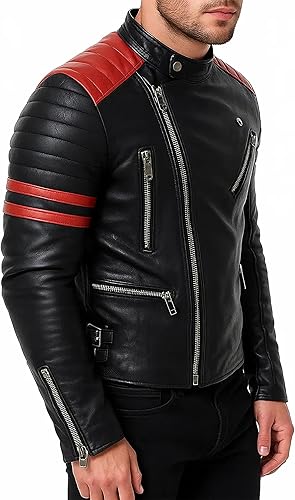Miniatura 2 de Black Leather Jacket for Men - Cafe Racer Brando Style with Red Stripes Quilted Motorcycle Real Leather Jacket