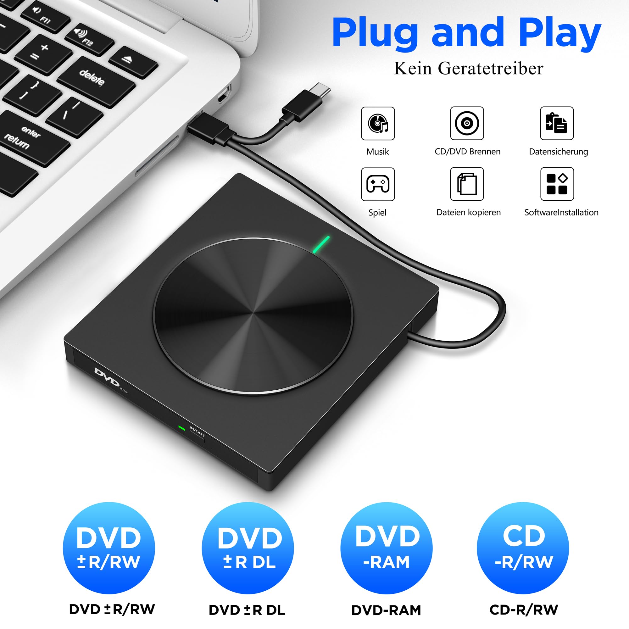 Lettore DVD CD esterno USB 3.0 & USB-C, unità ottica ultra sottile con 2 porte USB e lettore di schede SD/TF, Plug & Play External DVD Drive per laptop, PC, desktop, Windows, Mac, Linux
