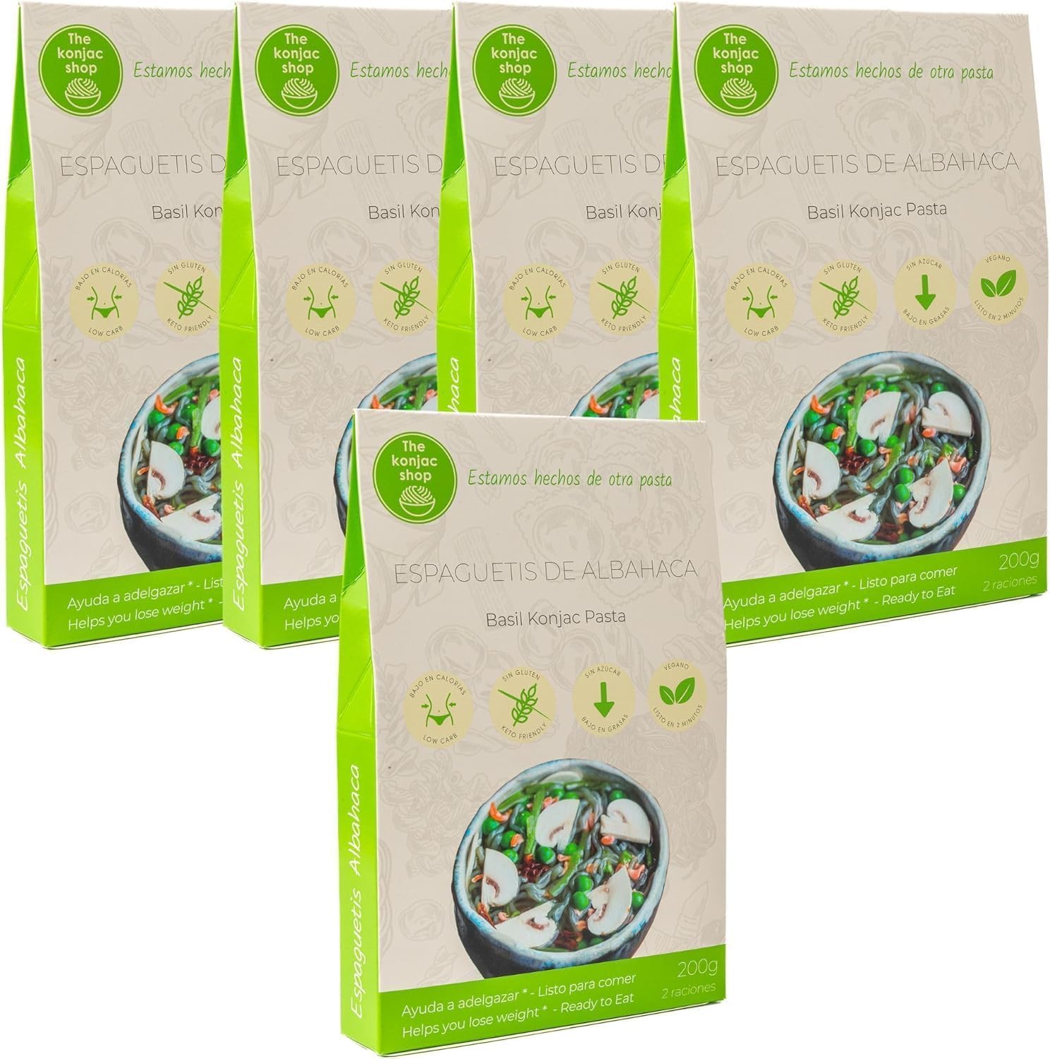 The Konjac Shop - Espaguetis Konjac de Albahaca 270g Sin Gluten Bajo en Calorías y Carbohidratos Ideal para Dietas Keto y Veganas (Pack de 5)