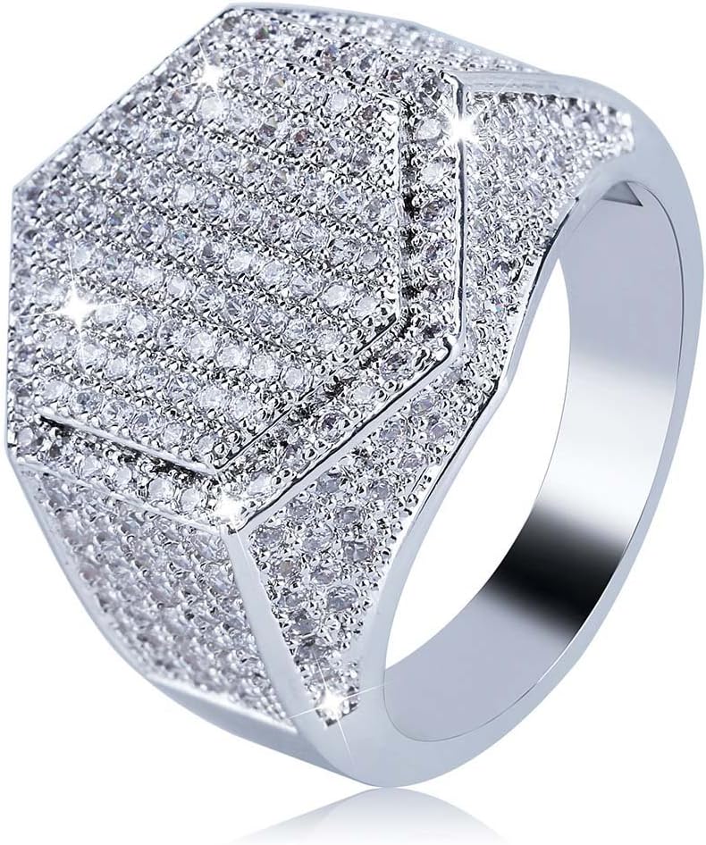 JINAO Mens Iced Out CZ Hexagon Bling Pinky Ring 18k Gold Plated Hip Hop Ring for Men