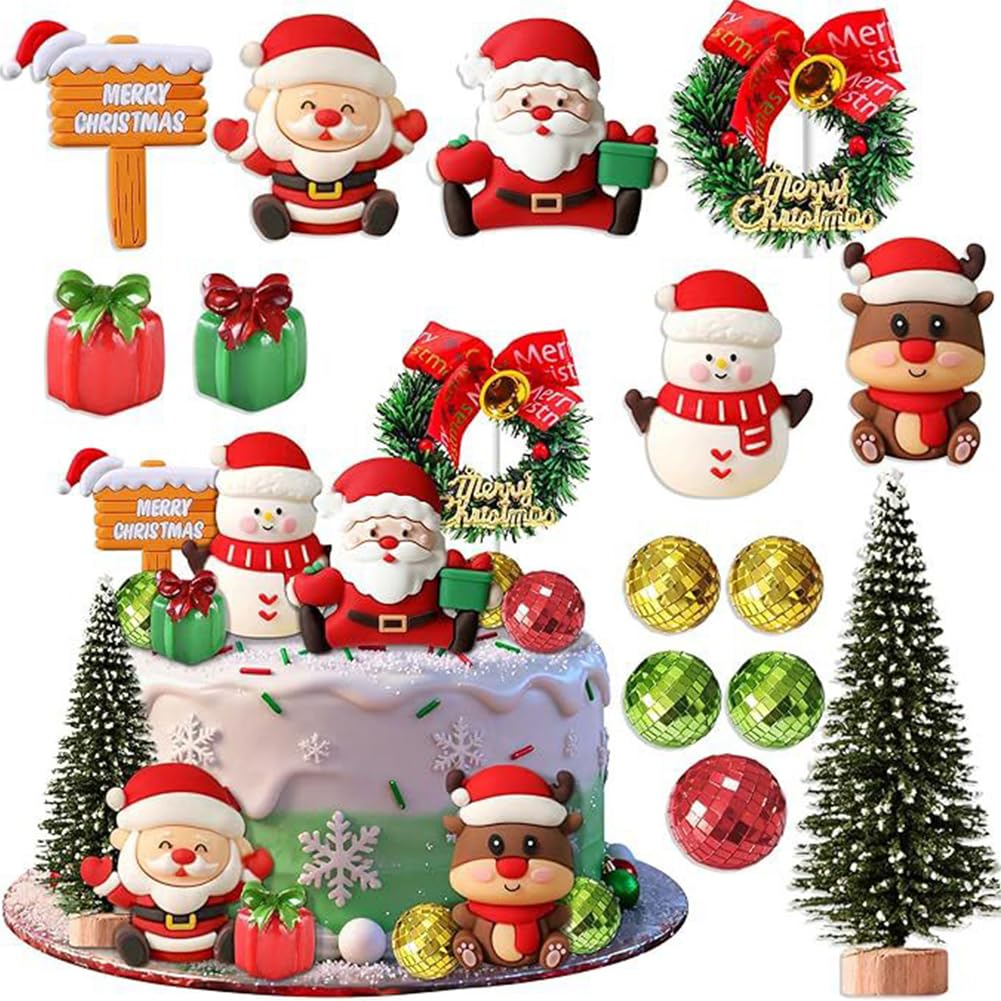 14PCS Christmas Cake Topper,Merry Xmas Cupcake Decorations With Craft Tree Santa Snowflake Baubles, Presents, Bells Xmas Party Miniature Ornaments,Christmas Cake Picks For Santa Party Supplies