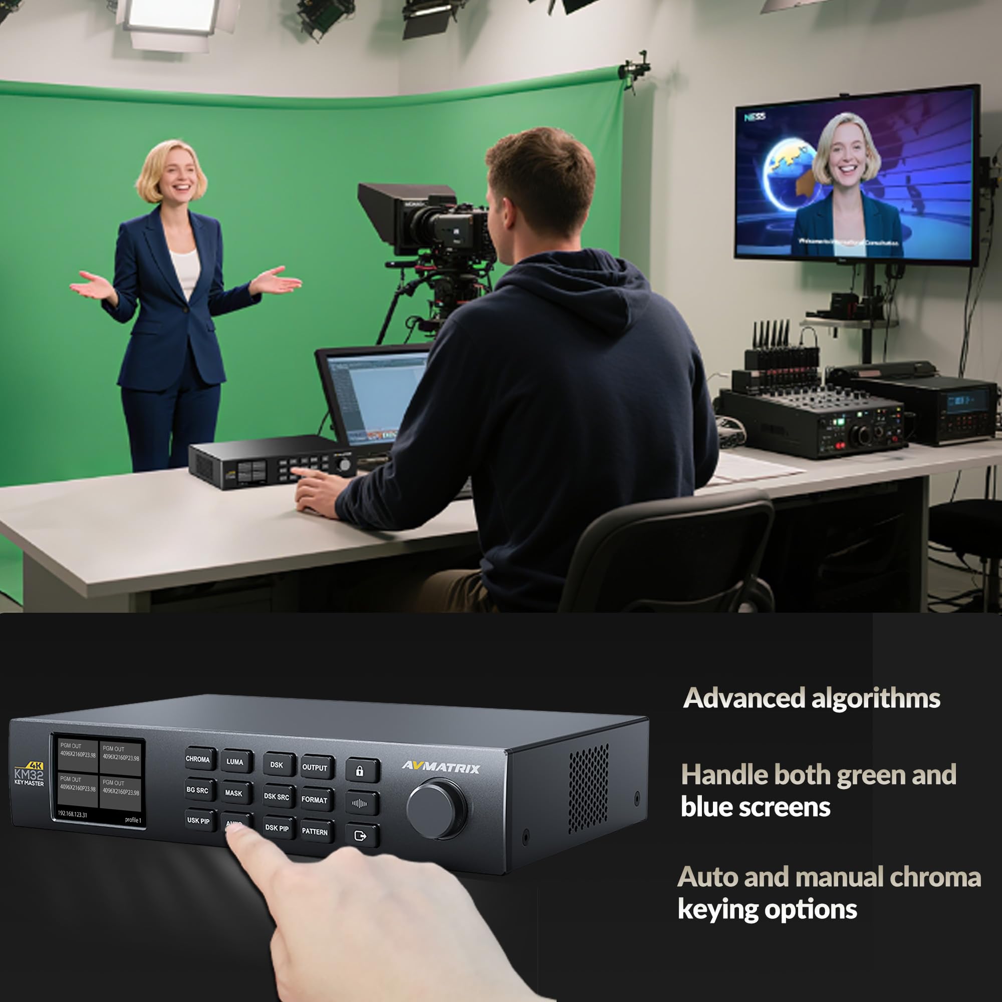 Avmatrix KM32-4K 4K HDMI Chroma Key Master en tiempo real, teclado y composición 4K Ultra HD, DSK, PIP, control de software de PC, teclado 4K preciso y procesador de composición avanzado para