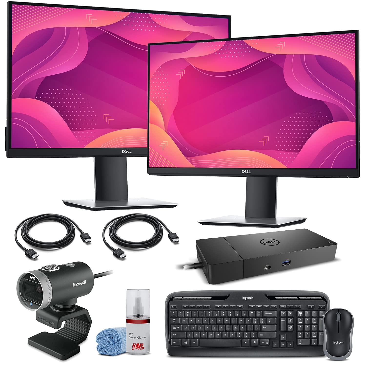 2 x Dell P2419HC 23.8" 16:9 IPS Monitor (P2419HCE) + WD19S USB Type-C Dock (180W) + LifeCam Cinema W
