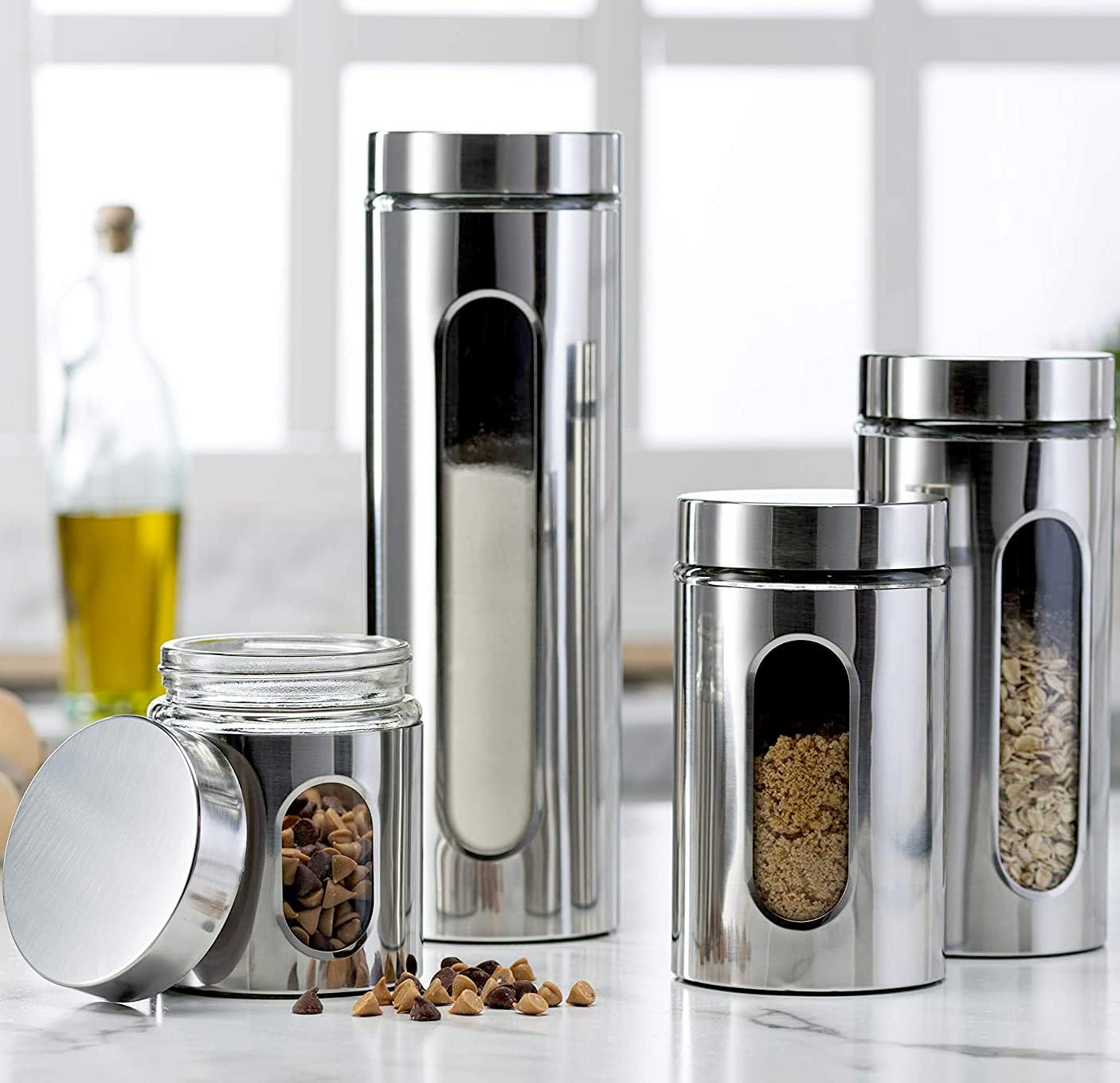 Quality 4pc Stainless Steel Canister Set for Kitchen Counter with Glass Window & Airtight Lids, Food Storage Containers, Pantry Storage & Organization Set for Coffee, Flour, Pasta, Rice, Spices, Herbs - Thumbnail 3