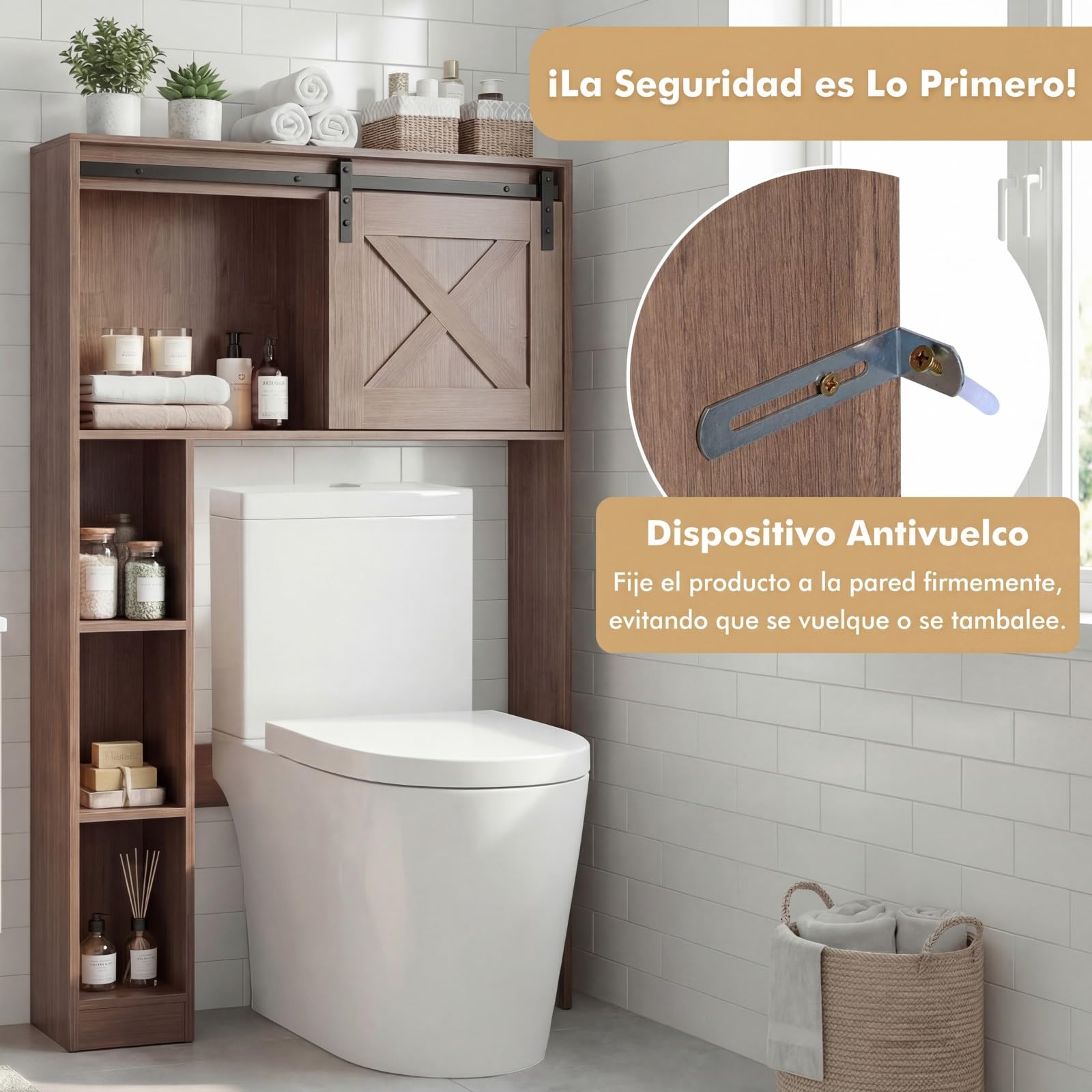 COSTWAY Armario de Almacenamiento sobre el Inodoro WC, Estante de Baño con Puerta Corredera & Estantes de Almacenaje, Estantería Multifuncional para Baño, Lavandería, 84,5 x 17 x 128 cm (Café)