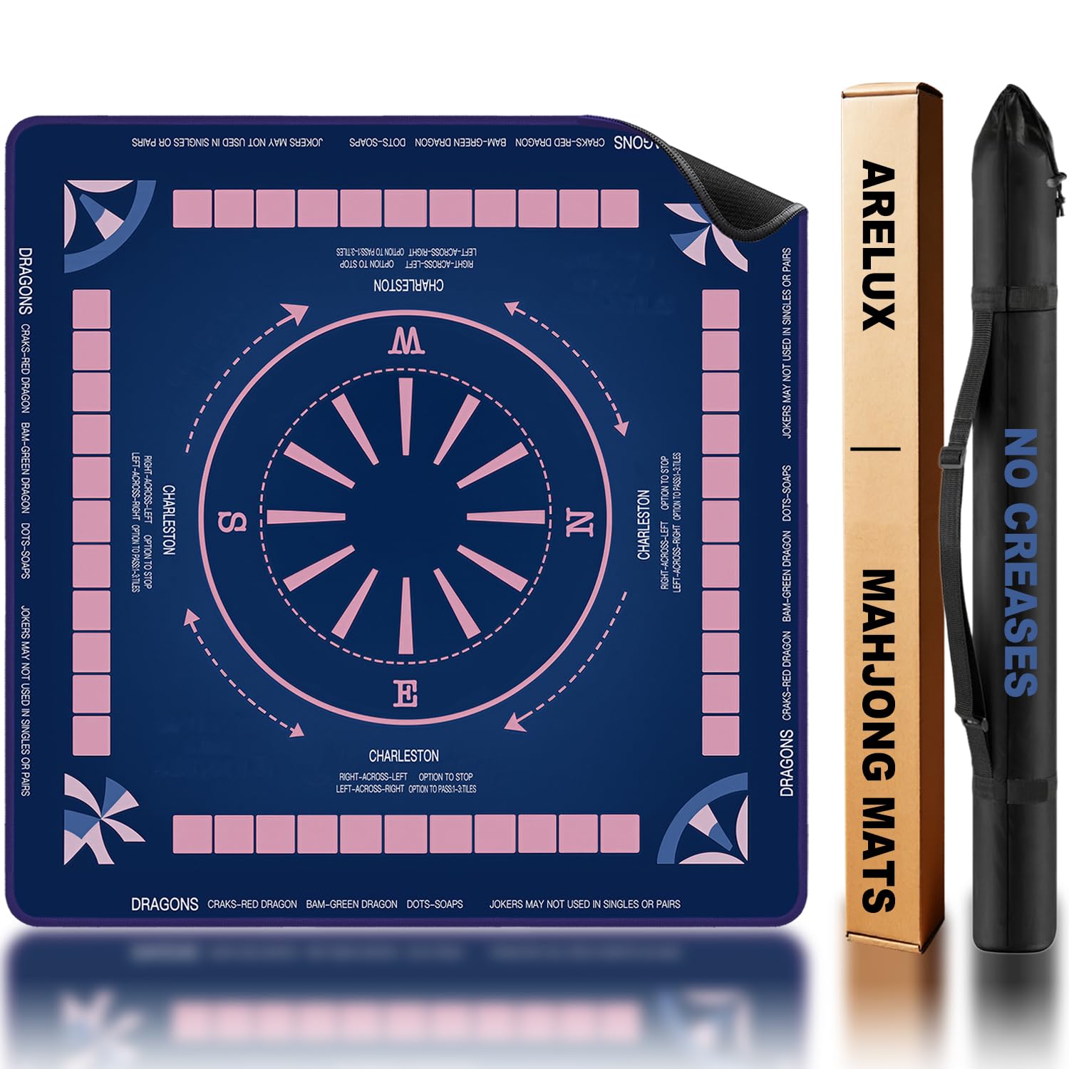 ARELUX Neoprene Mahjong Mat with Carrying Bag 32"x32" No Creases Rolled Shipping American Mahjong Mat with Charles Rules Anti-Slip & Noise Reduction Table Cover for Poker, Card & Board Game(Blue)