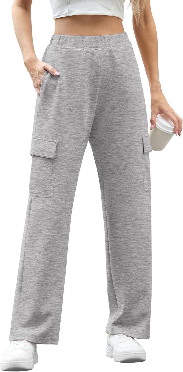 IWOLLENCE Womens Cargo Sweatpants Baggy Wide Straight Leg Sweats Pants with Pockets