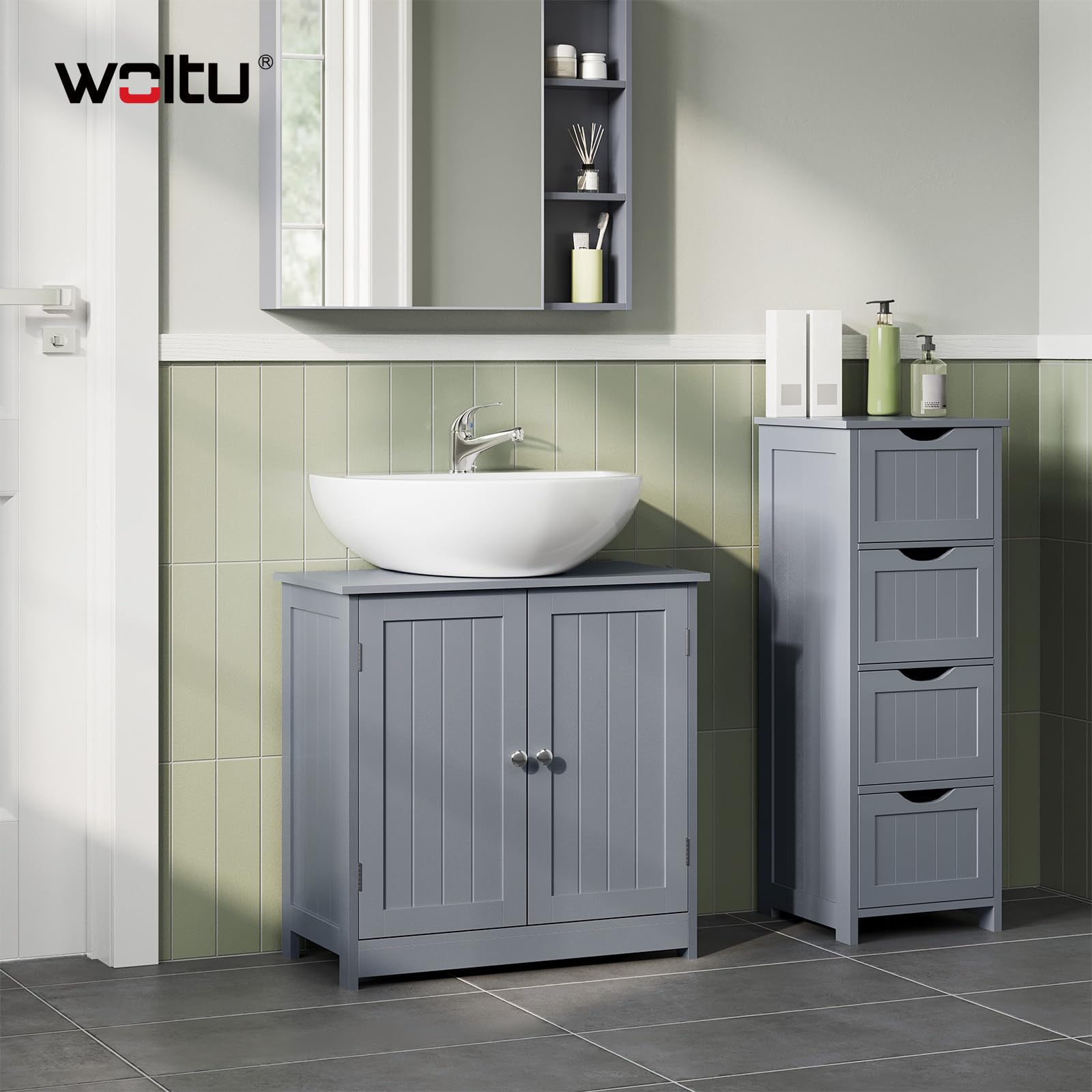 WOLTU Mueble para Debajo del Lavabo Madera, 2 Puertas para Cuarto de Baño 60x60x30cm, Gris