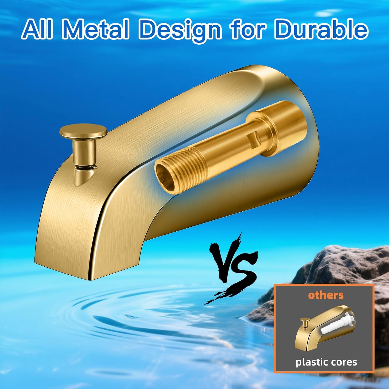 Brushed Gold Bathtub Spout with Diverter, All Metal,5.3 Inch Tub Spout, Fits 1/2" Copper Slip-On and 1/2" or 3/4" IPS Threaded Pipes, Leak-Free, Slip Fit Tub Spout with Pull-Up Diverter