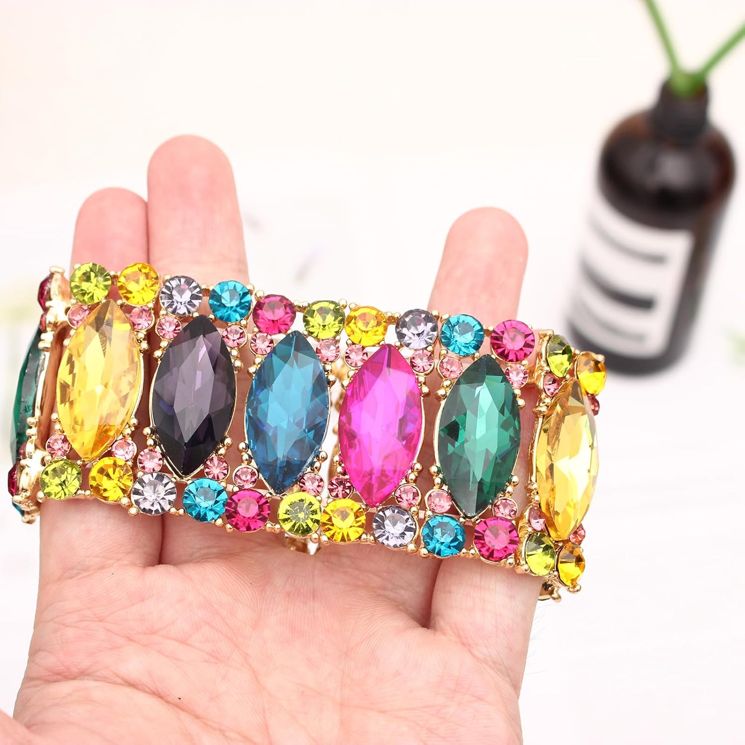 Women’s Elegant Wedding Bridal Crystal Double Row Marquise-Shape Leaf Stretch Bangle Bracelet Bride Jewelry for Women - Image 5