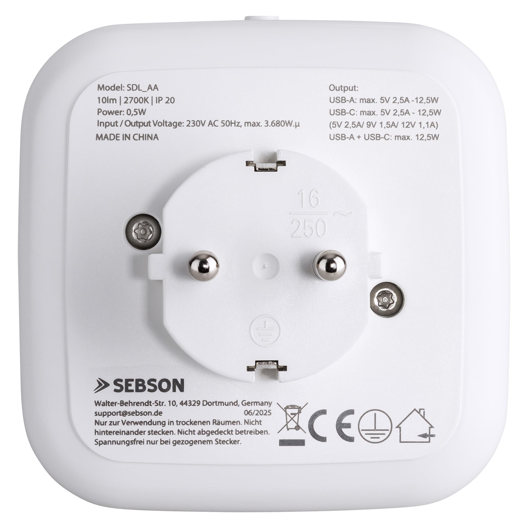 SEBSON Luz Nocturna LED con Enchufe - Set de 2 - Sensor Crepuscular | Puertos USB-C y USB-A, Interruptor On/Off - Blanco cálido, Lámpara de Enchufe