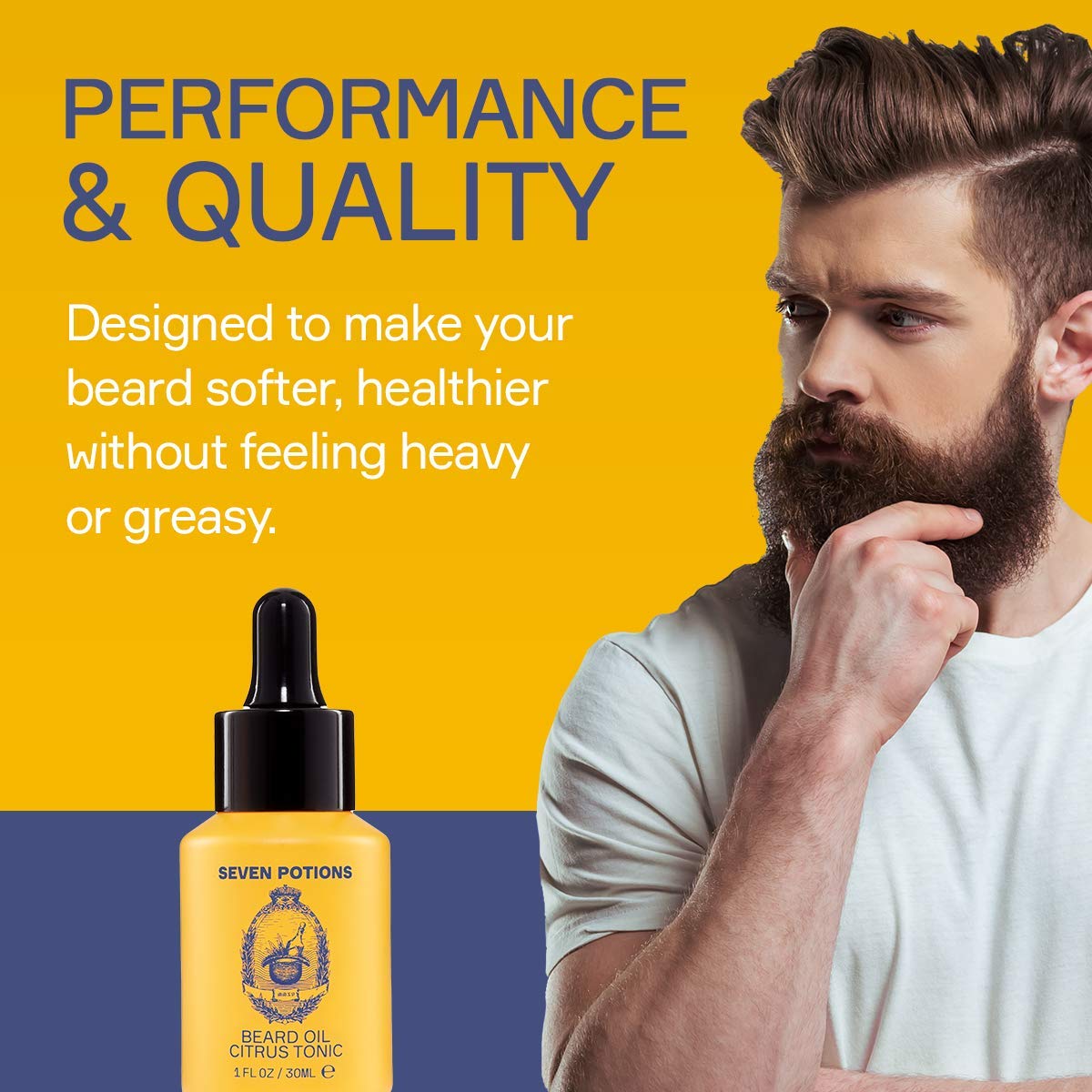 SEVEN POTIONS Boar Bristles Beard Brush (Firm Bristles) and Beard Oil Citrus Tonic Natural Ingredients - Soft Beard And Skin With Less Beard Itch