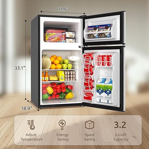 Miniatura 3 de BANGSON Mini refrigerador con congelador, 3.2 pies cúbicos, bajo ruido, ahorro de energía, 5 ajustes de temperatura ajustable, mini refrigerador de