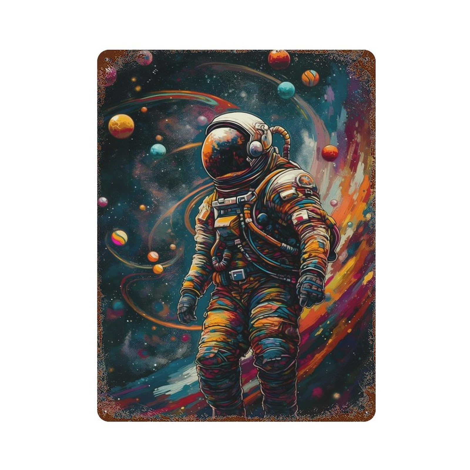 Distressed Metal Wall Sign with Astronaut in The Linespace Design 15.7"x11.8", for Farmhouse, Kitchen And Entryway Decor, Old School Wall Decor
