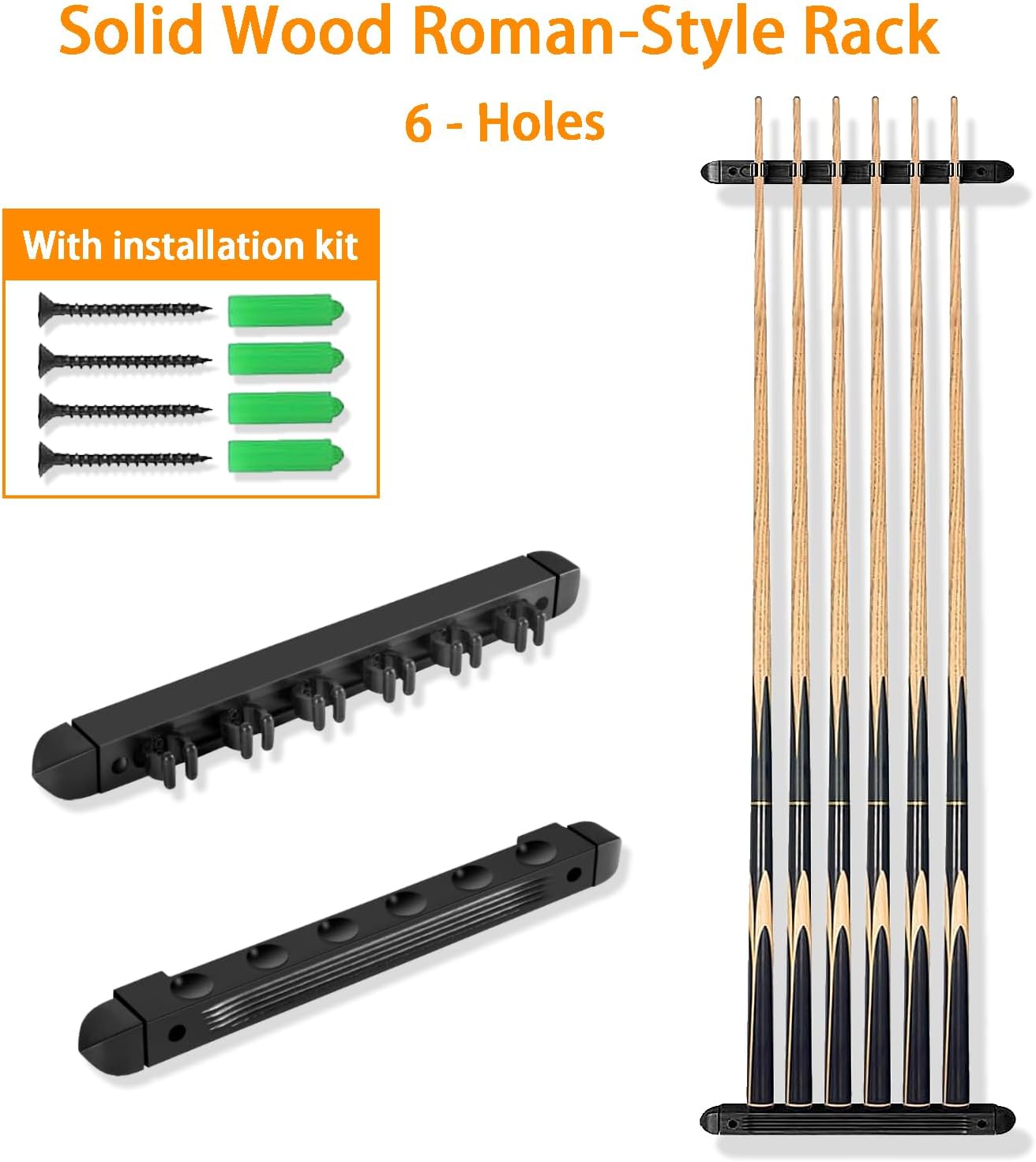 SUPERDIAMOND Pool Stick Holder Wall Mounted Pool Cue RackSolid Wood Billiard Stick Holder with Accessory Shelf, Heavy Duty Game Room Organizer, Bar, Home Pub, Rich Grey Finish
