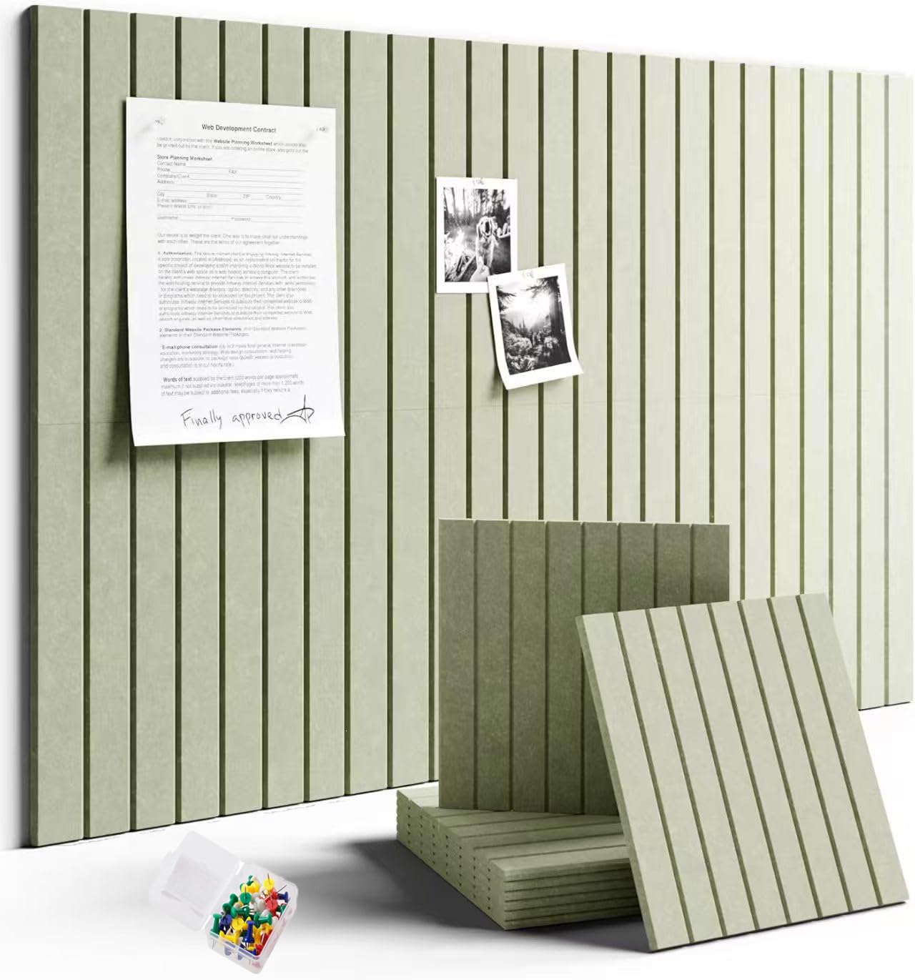 Oatmeal Felt Bulletin Board Tiles, 48"x36" Large Cork Board Alternative, 12-Pack Slat Wall Paneling for Office, with 30 Pushpins & 70 Adhesive Tabs (Sage, 12-Pack)