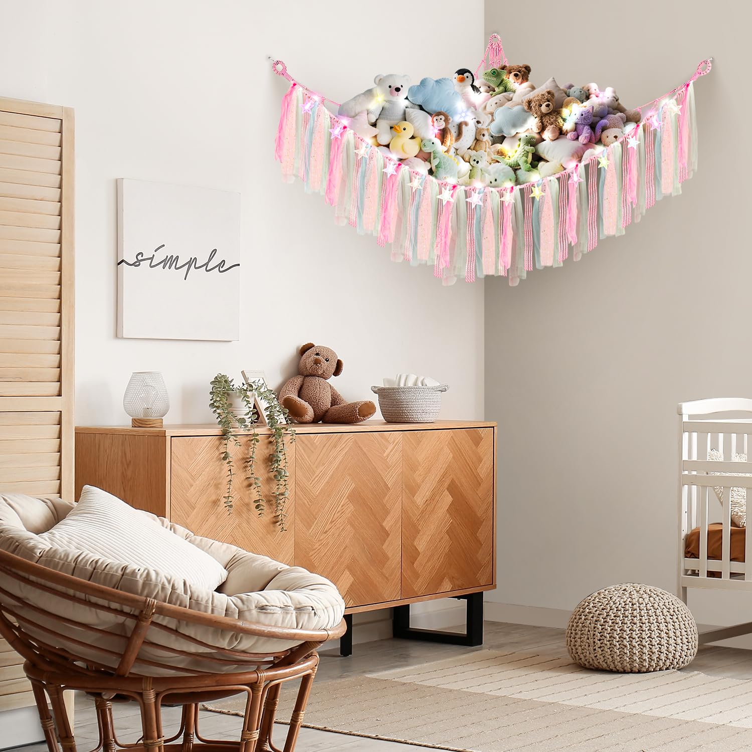 Lunriwis Teddy Hammock with LED Light, Boho Decor Plush Toy Storage Net, Teddy Bear Soft Toy Storage - Image 2