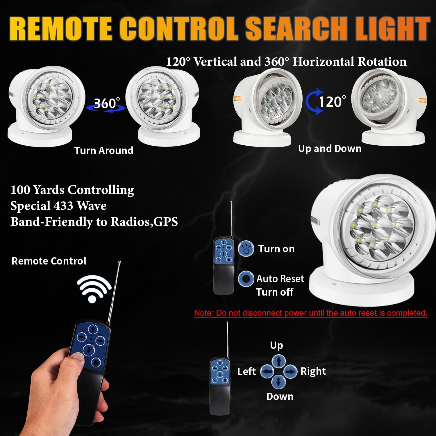 Marine Spotlight, Remote Control LED Searchlight Magnetic for Boat, 12V 24V 7 Inch Hunting Search Light with 360 Rotating Auto Reset, Waterproof LED Spot Light for Truck Off-Road SUV ATV Go Outdoor