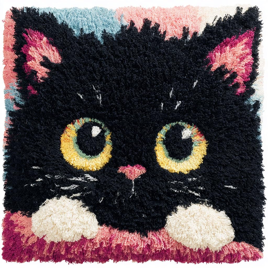 Henypt Latch Hook Kits Animal Black Cat Pillow DIY Crochet Hook Rug Cushion Making Kit with Preprinted Pattern Canvas Easy Starter Adorment Hooking Kits 43x43cm