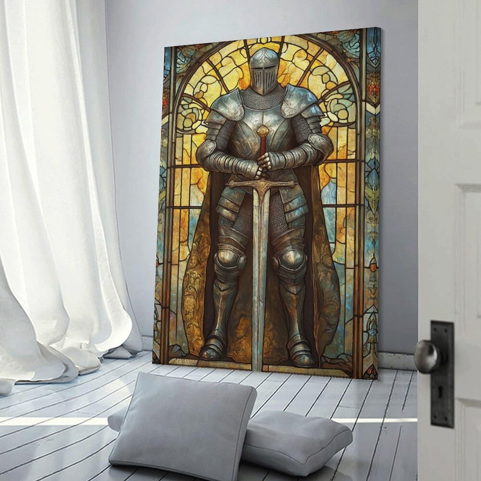 Junmoney Frame-Style-4 Canvas Art Print Medieval Knight Armor Stained Glass, 20X30inch(50X75cm), For Contemporary Homes, Apartments Or Offices, Decorative Canvas Decor For Home Updates