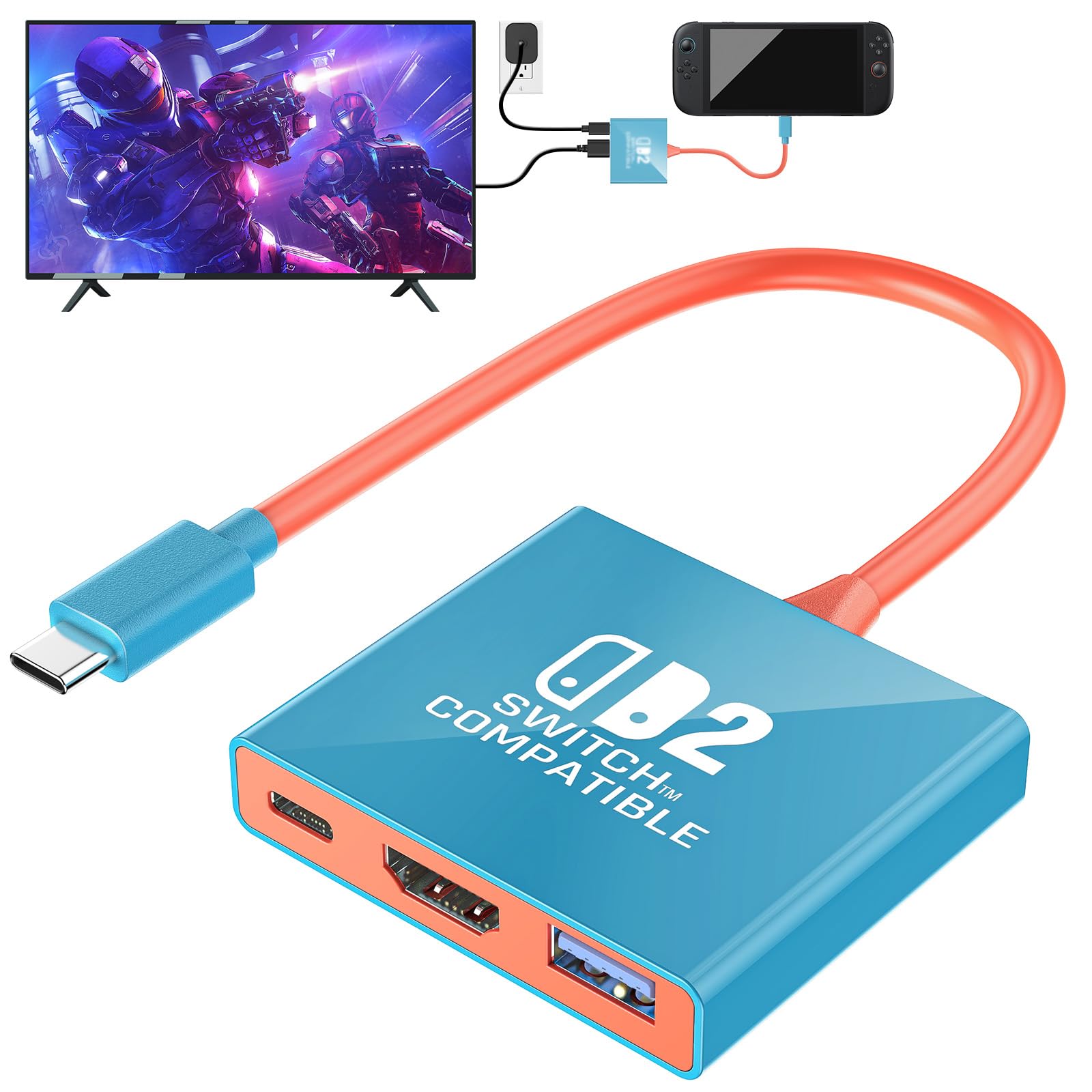 switch 2 TV Dock für Nintendo 2 (2025), Docking Station Unterstützung 4K/60Hz HDMI 2.0A Adapter, PD100W USB 3.0 Port, Kompatibel mit 2/Switch/OLED