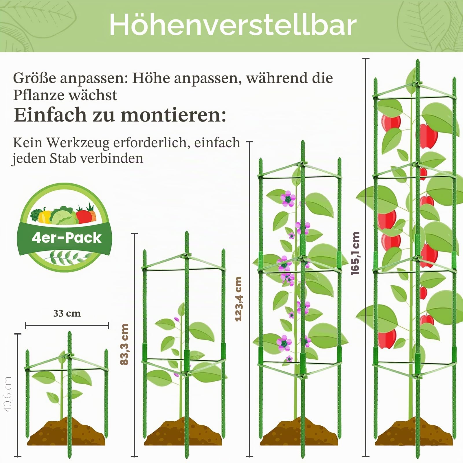 Tomaten Rankhilfe 4 Stück 160 cm, Rankhilfe Tomaten Verstellbarer Tomatenturm aus kunststoffbeschichtetem Stahl, stabile Pflanzenstütze für Gurken, Rosen, Kletterpflanzen, Garten, Töpfe & Hochbeet