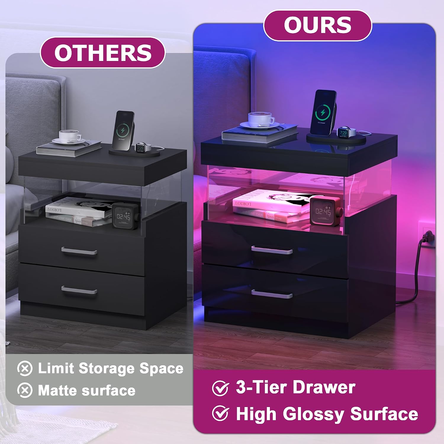 WelFurGeer High Glossy Night Stand, Black LED Night Stand with Charger Station, Bedside Table with Drawers, Modern Nightstands, Wood Small Nightstand, Nightstands with Drawers for Bedroom