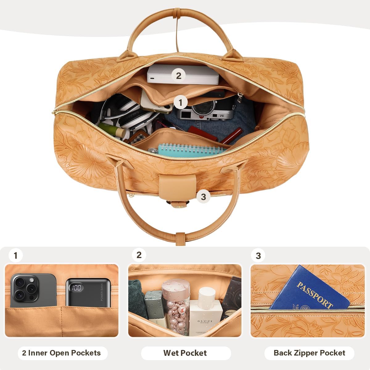 Leather Weekender Bags for Women, Travel Duffel Bag PU Overnight Bag Carry On Tote Bag with Shoe Compartment Wet Pocket image 2