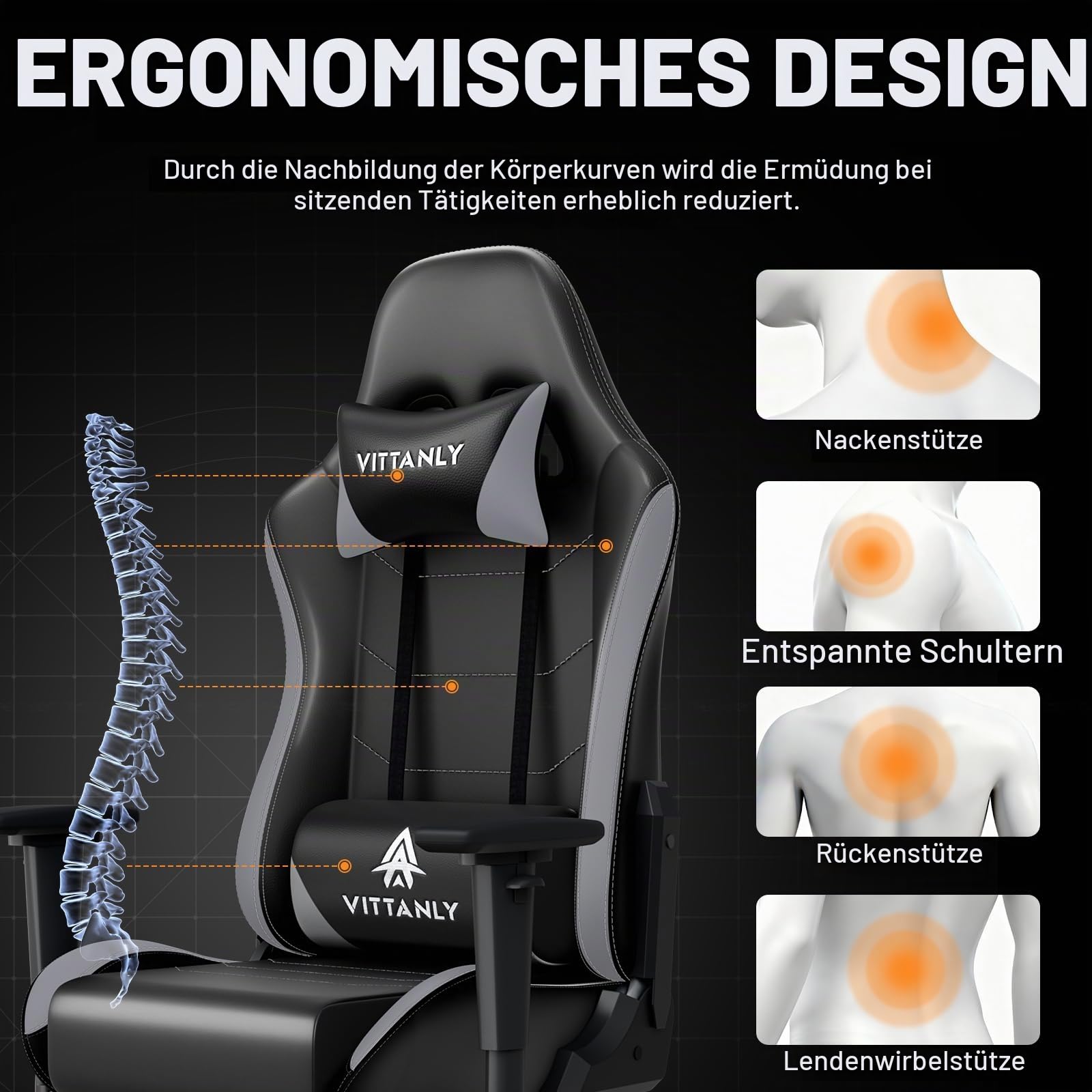 Vittanly Gaming Stuhl, 90-165° Rückenlehne, Tragkraft 150 kg, Grau | Kopfstütze und Lendenkissen, Gaming Chair, Gamer Stuhl, Gaming Sessel, Bürostuh, Schreibtischstuhl