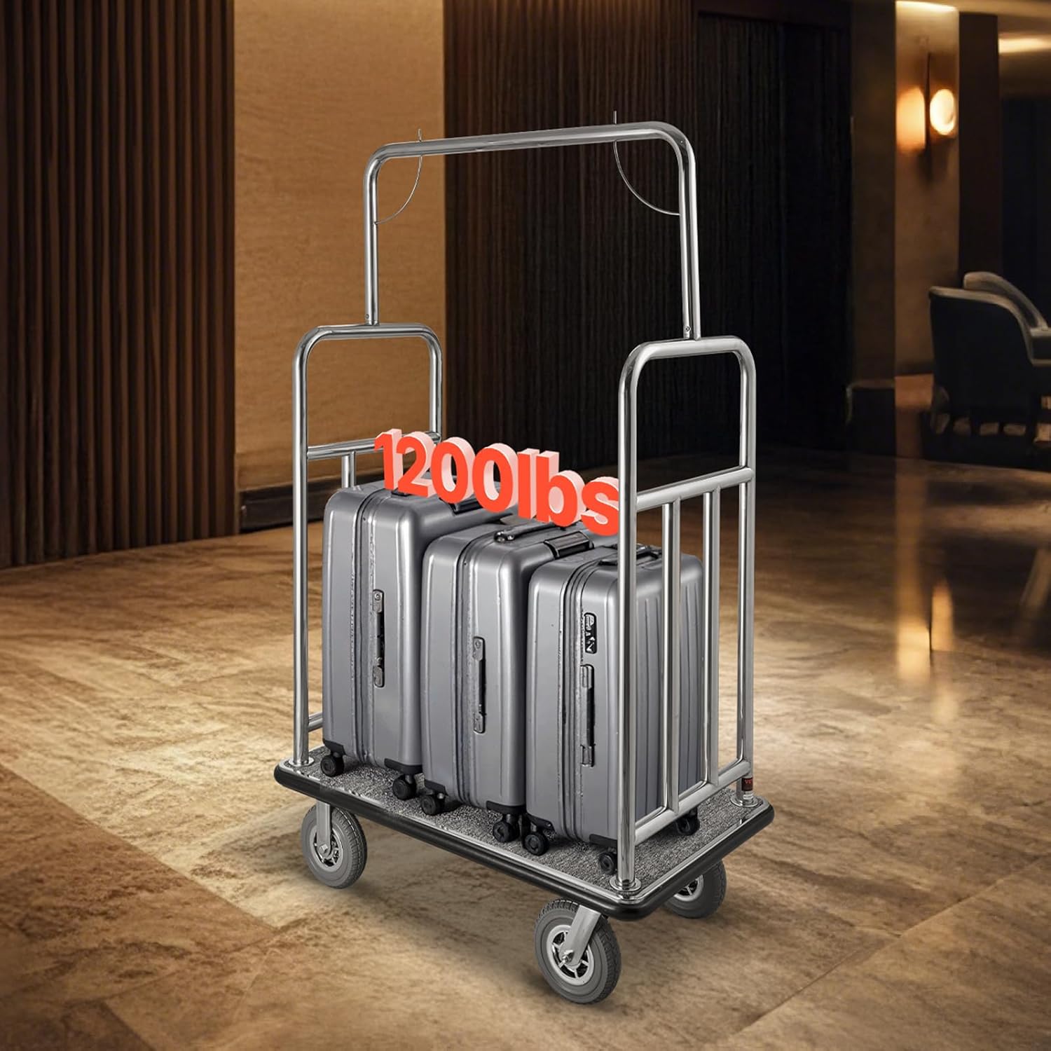 VEVOR Hotel Luggage Cart, Brushed Stainless Steel Finish Bellman's Cart, 1200 LBS Valet Cart with Grey Carpeted Deck and 8-inch Rubber Wheels, Ideal for Hotels, Condos, Resorts, Silver