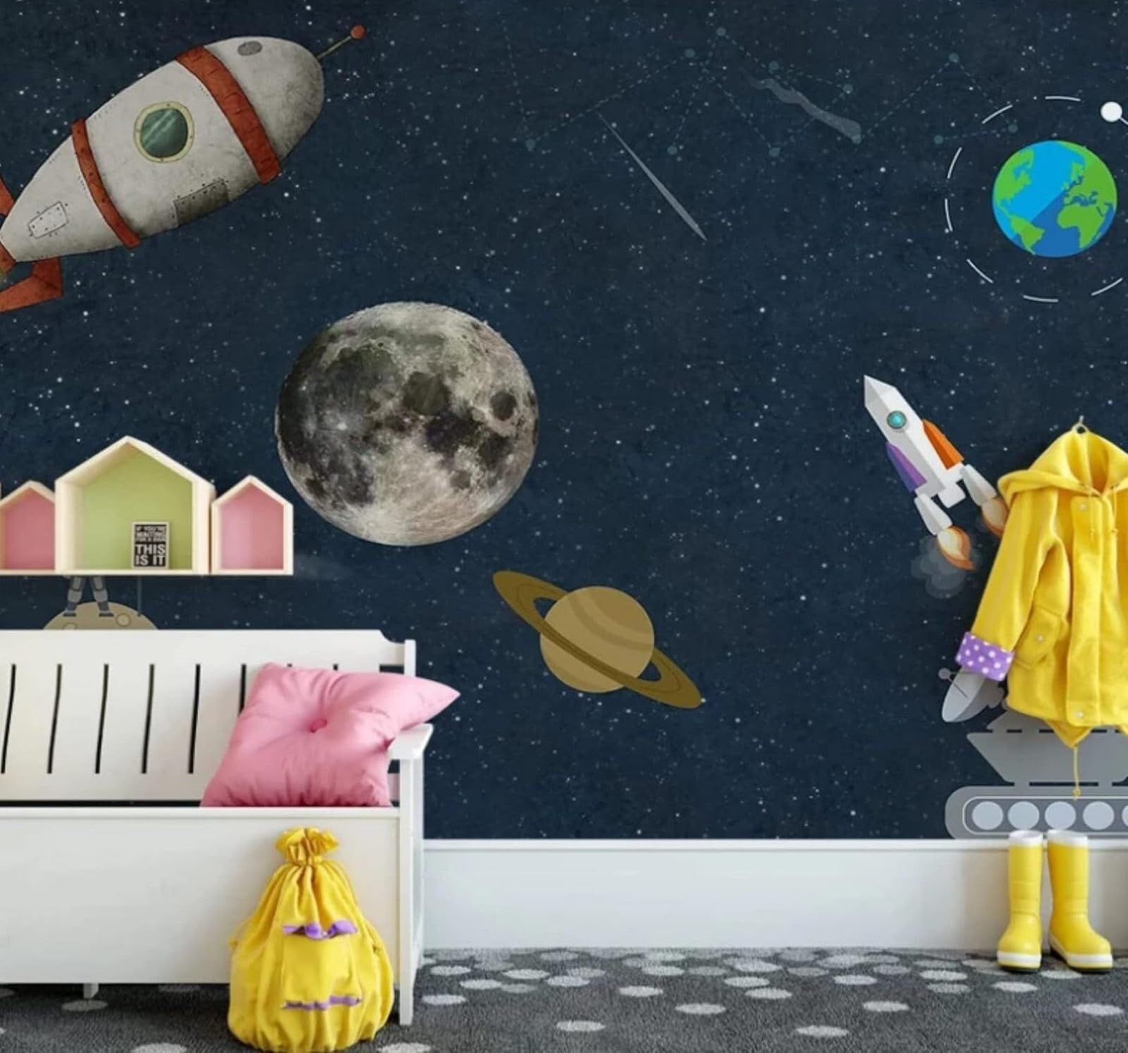 XLMING Cartoon Space Universe Planets Rockets 3D Wallpaper Luxury Home Dining Decor Paste Sofa Living Room The Wall for Bedroom Mural-250cm×170cm