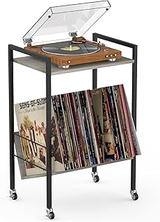 Record Player Stand, Record Player Cabinet with Record Storage Vinyl Record Storage Shelf with Wheels Turntable Stand with Metal Frame Industrial Record Player Table for Living Room Bedroom Office