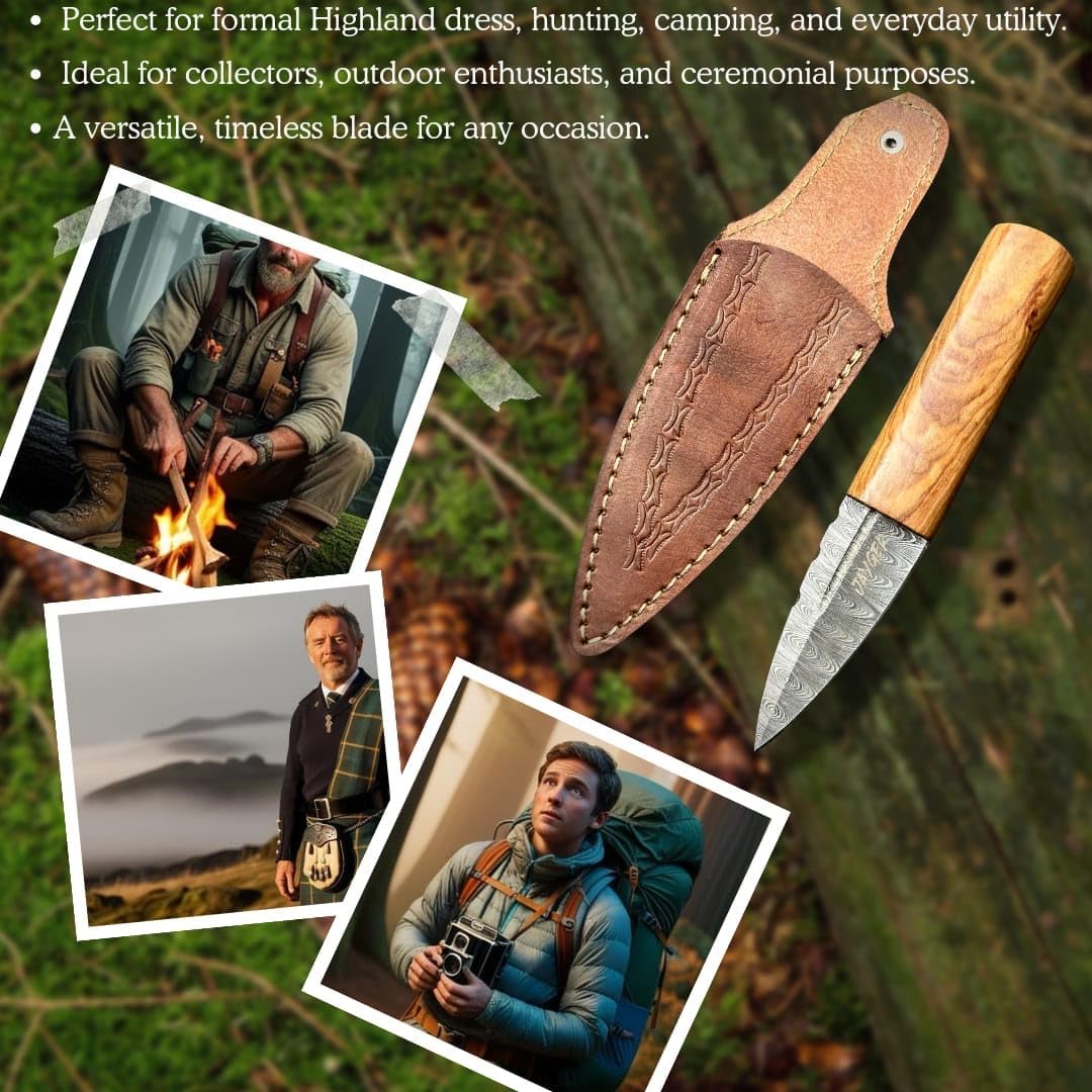 Handmade Scottish Sgian Dubh – Damascus Steel Blade with Olive Wood Handle – Leather Sheath with Belt Loop – Traditional Kilt Knife – Groomsmen Gift or Highland Accessory