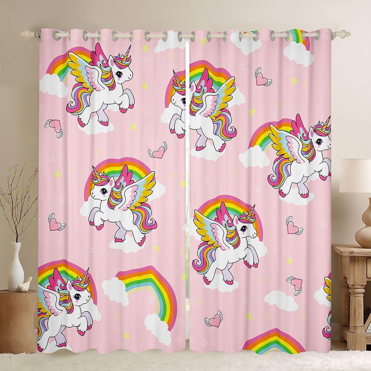 Homewish Jednorożce zasłony okienne, 132 x 160 cm, 2 zestawy paneli – urocze tęczowe zasłony zaciemniające, nadruk z kreskówkowymi gwiazdami, miłość, zasłony okienne, różowe, kawaii, zwierzę do