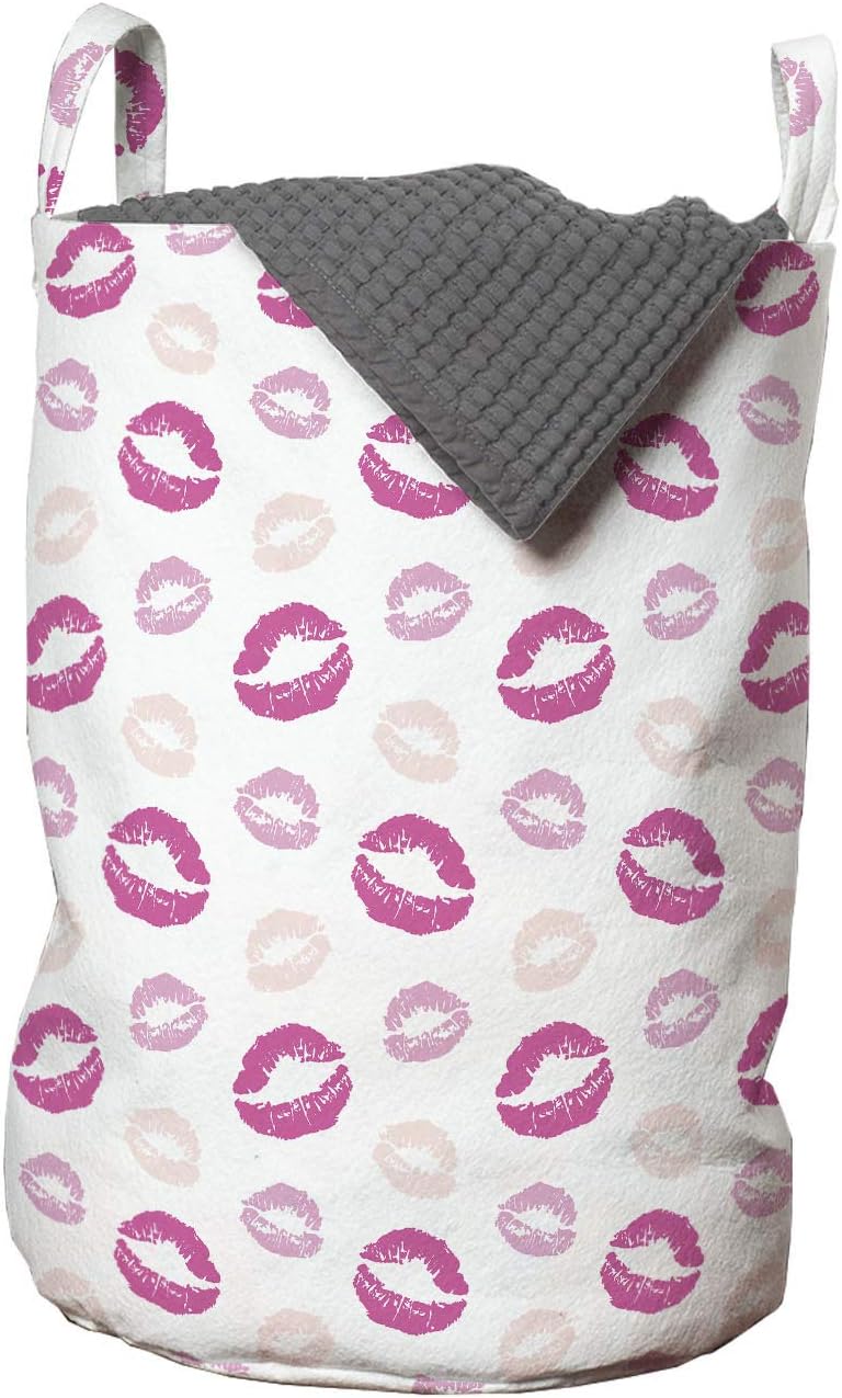 Lunarable Kiss Laundry Bag, Grunge Looking Lipstick Prints Cosmetics Makeup Romantic Valentines Day, Hamper Basket with Handles Drawstring Closure for Laundromats, 13" x 19", Pale Peach Pale Pink
