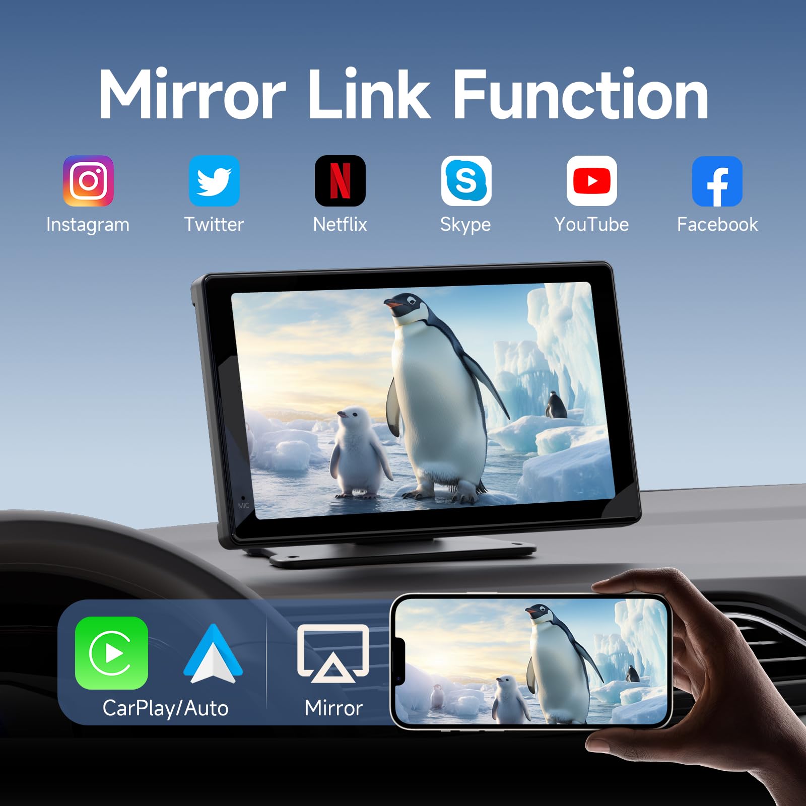Haudio Car Stereo 7Calowy Ekran Carplay dla Apple i Android Auto,Przenośny Odtwarzacz Samochodowy Tylną Kamerą 1080P,Odtwarzacz Samochodowy ze Sterowaniem Głosowym i Mirro Link do Wszystkich Pojazdów
