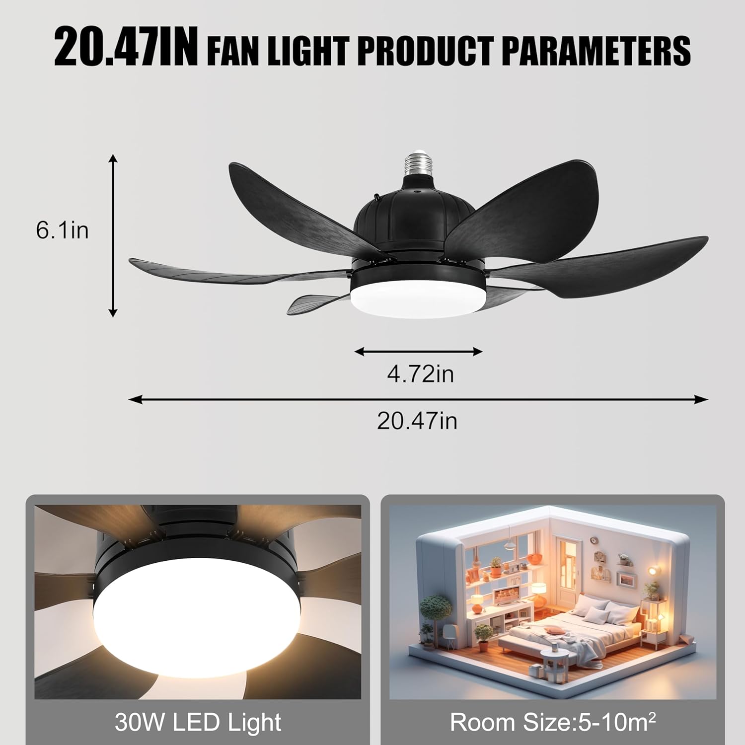 RWNTAO Black Socket Fan Light with Remote, Portable Small Ceiling Fans with Lights for Bedroom, Living Room, E27 Base, Ceiling Fan Light with Socket Extender, 3 Color Stepless Dimming, 2/4H Timing